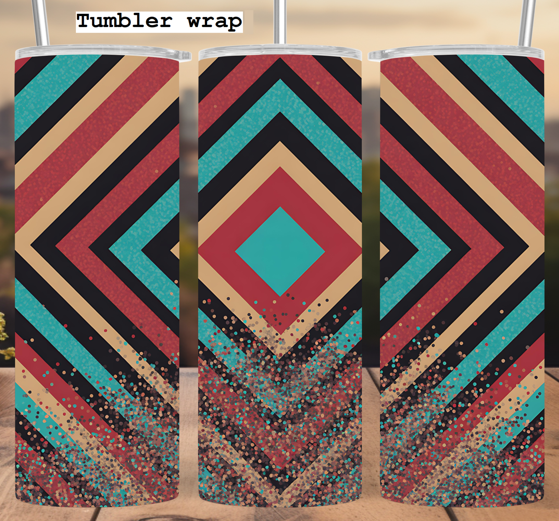 Boho Geometric Turquoise Red Gold Glitter tumbler wrap 20oz PNG