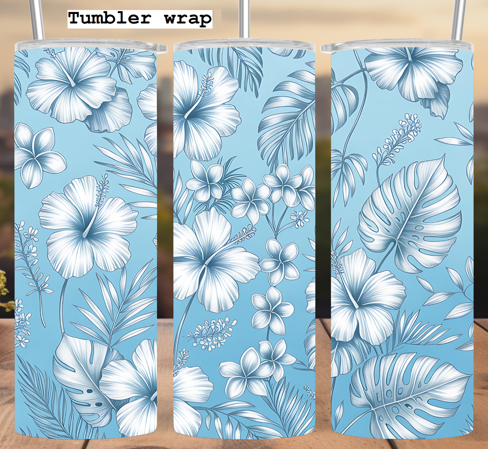 Tropical Hibiscus Floral: Blue Island Paradise Aesthetic tumbler wrap 20oz PNG