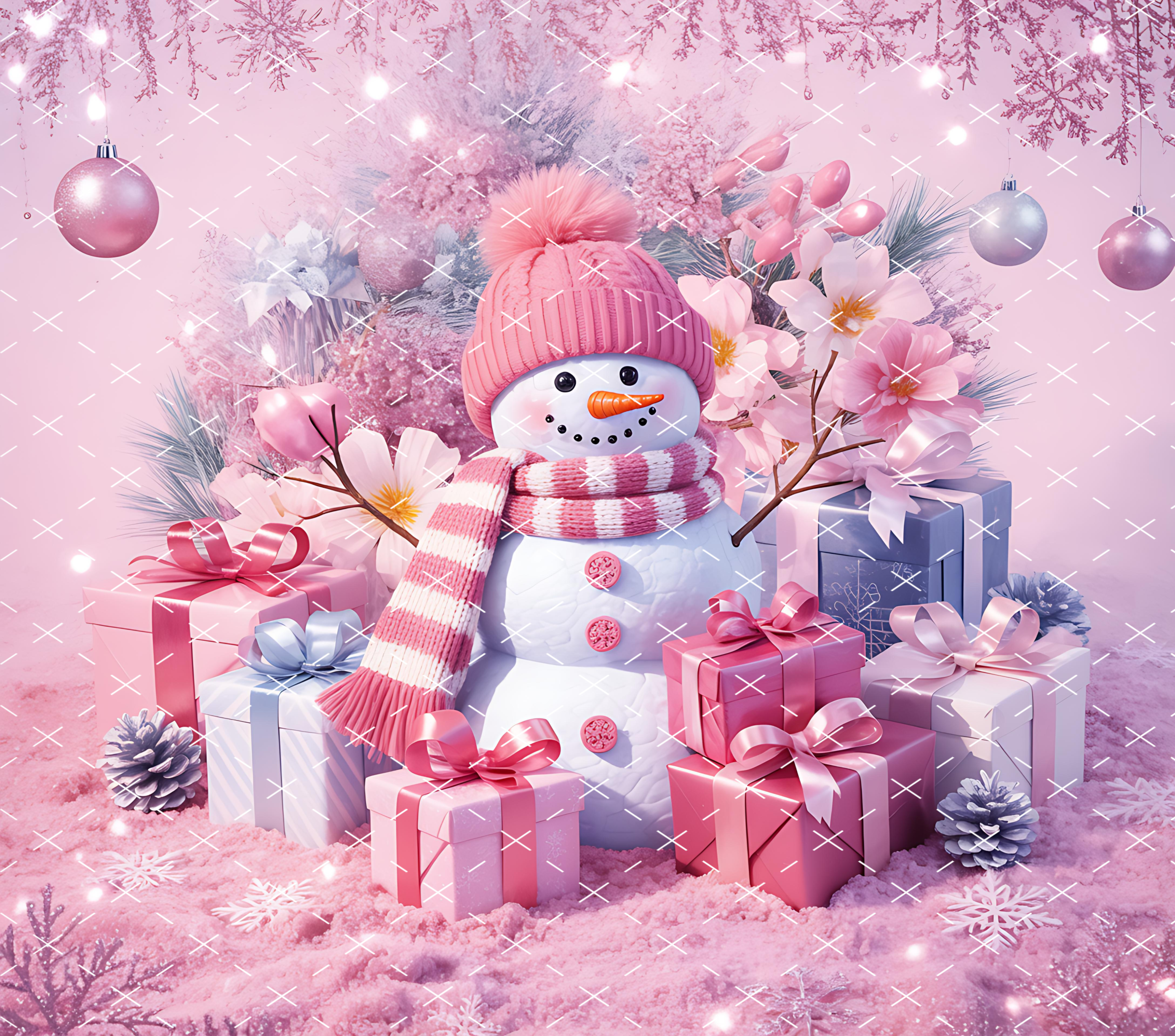 Pink Snowman Christmas Magic Scene tumbler wrap 20oz PNG