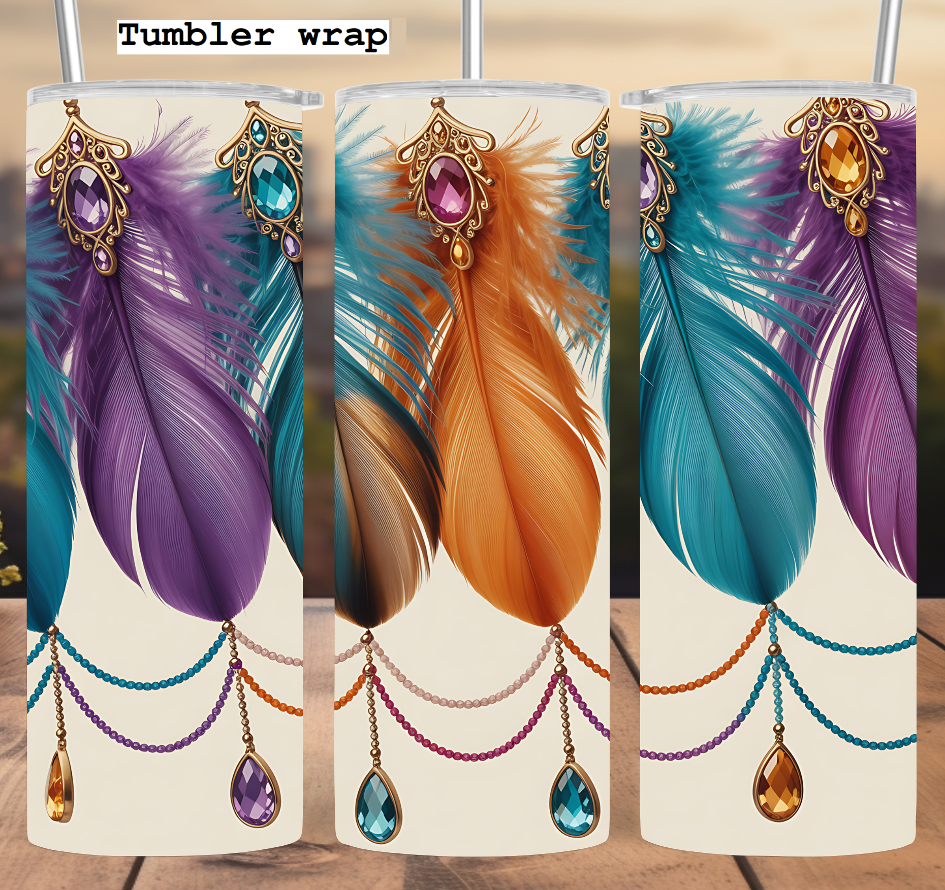 Boho Jeweled Colorful Feathers tumbler wrap 20oz PNG
