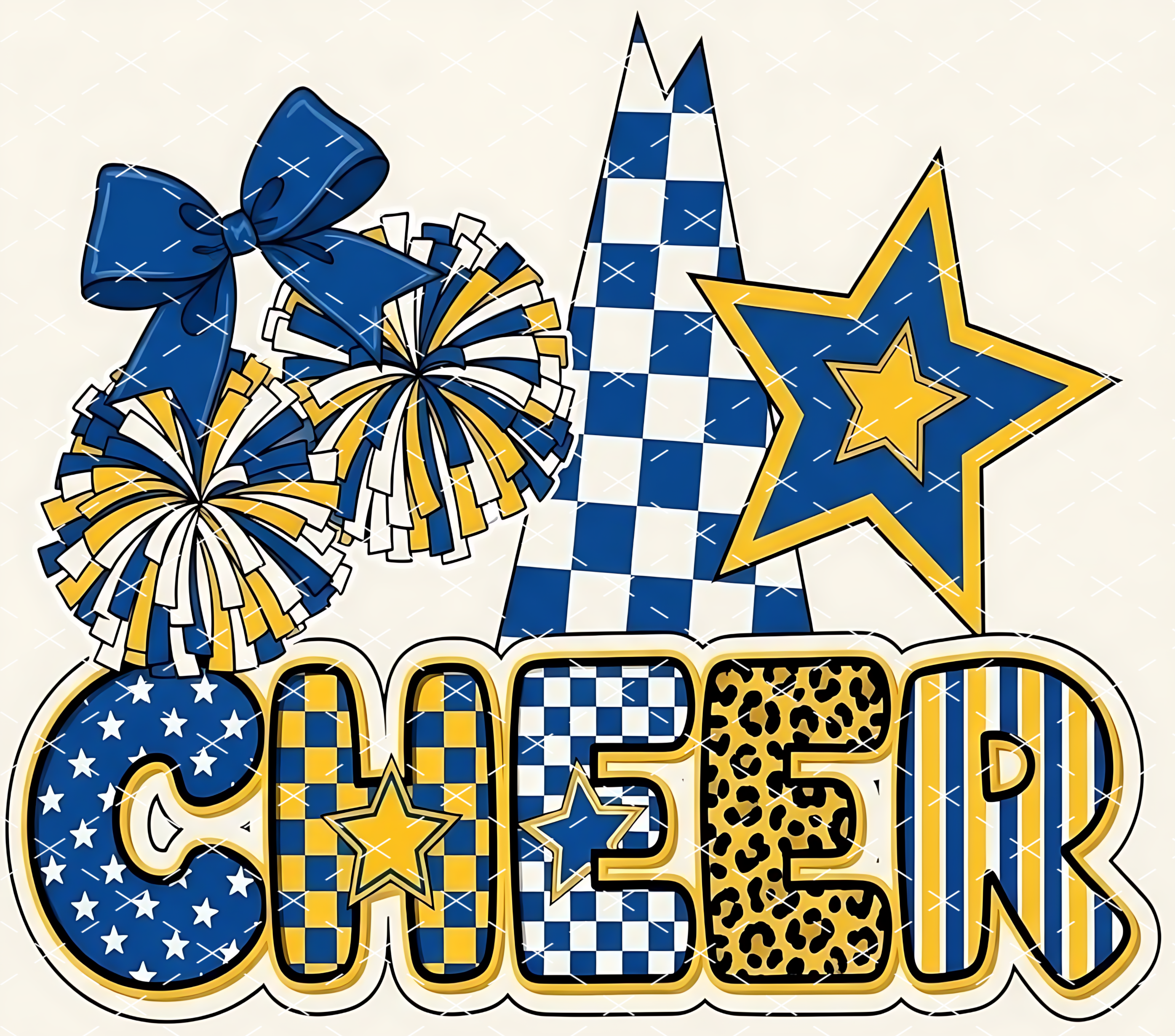 Cheer Bow Pom Pom Star: Blue and Gold School Spirit Design tumbler wrap 20oz PNG
