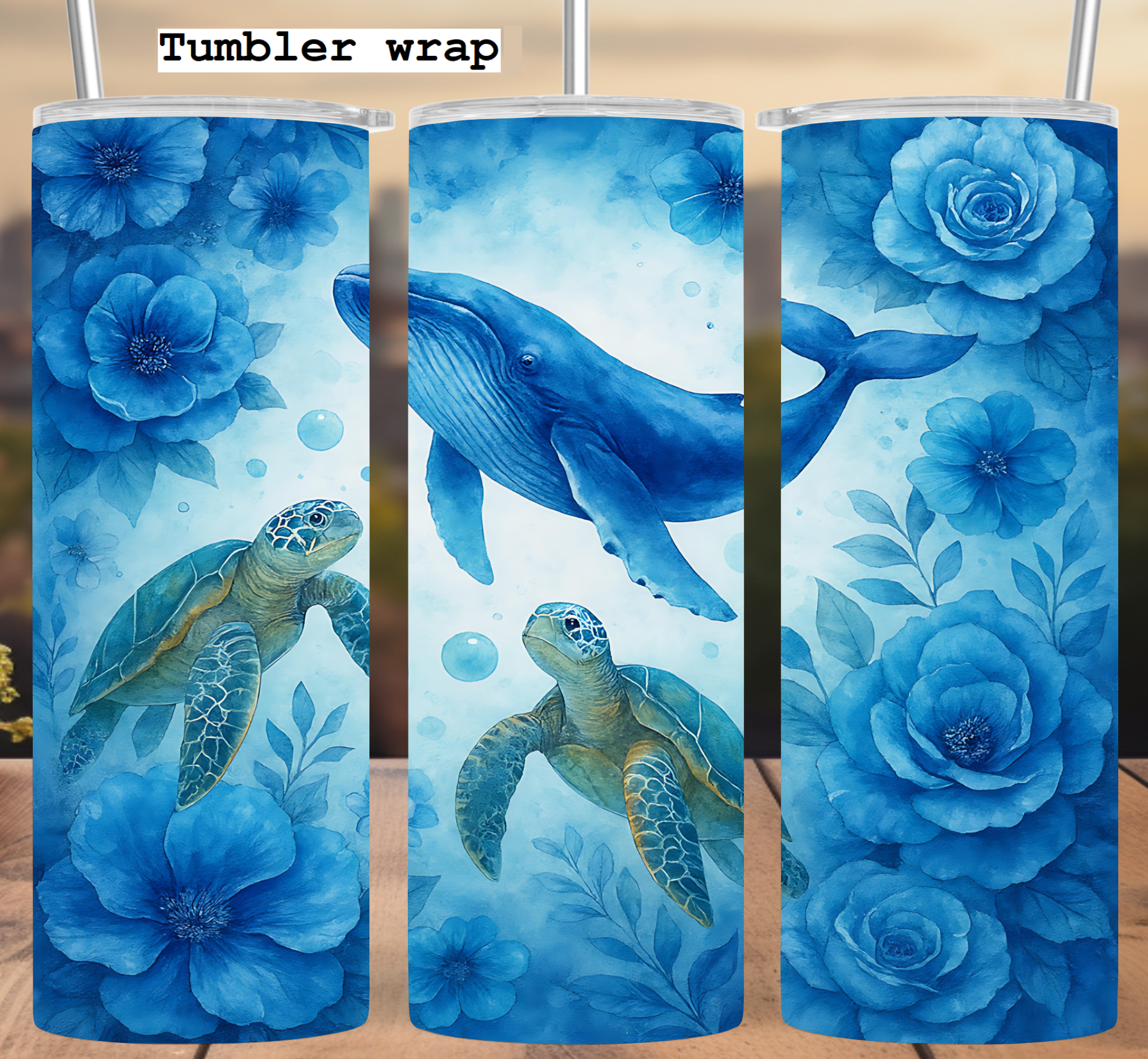 Whale and Turtle Ocean Floral: Blue Sea Life Art Design tumbler wrap 20oz PNG