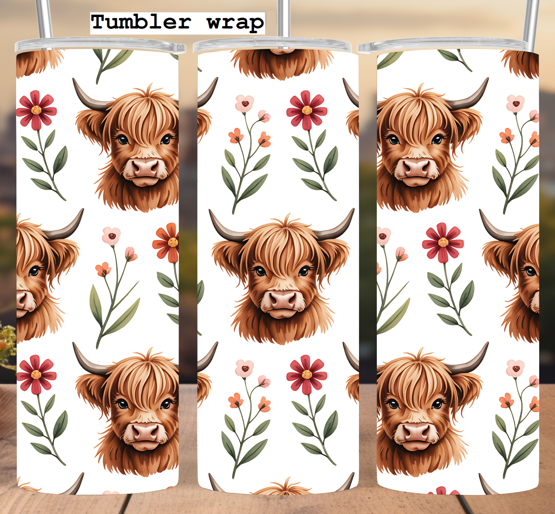 Highland Cow Floral Pattern tumbler wrap 20oz PNG