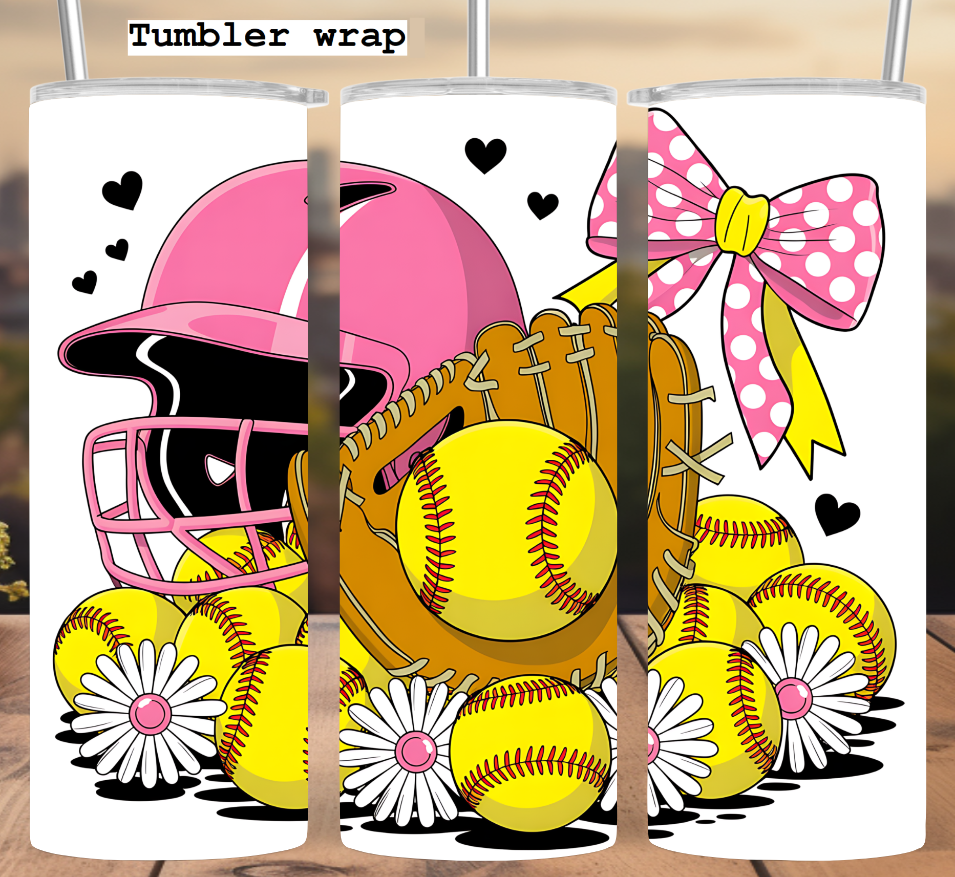 Softball Tumbler Wrap: Pink Helmet Glove and Daisy Design tumbler wrap 20oz PNG