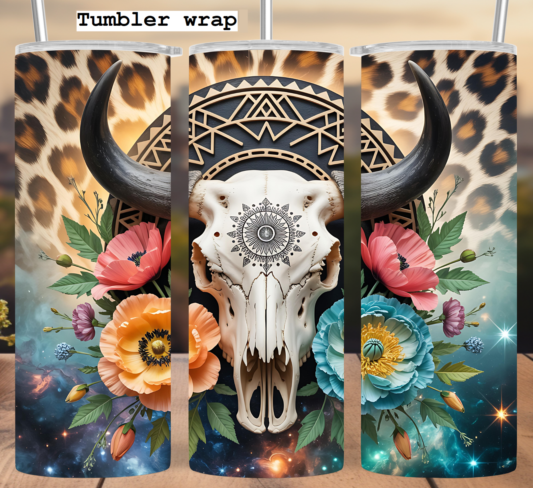 Boho Bull Skull Floral Leopard: Western Chic Galaxy Aesthetic tumbler wrap 20oz PNG