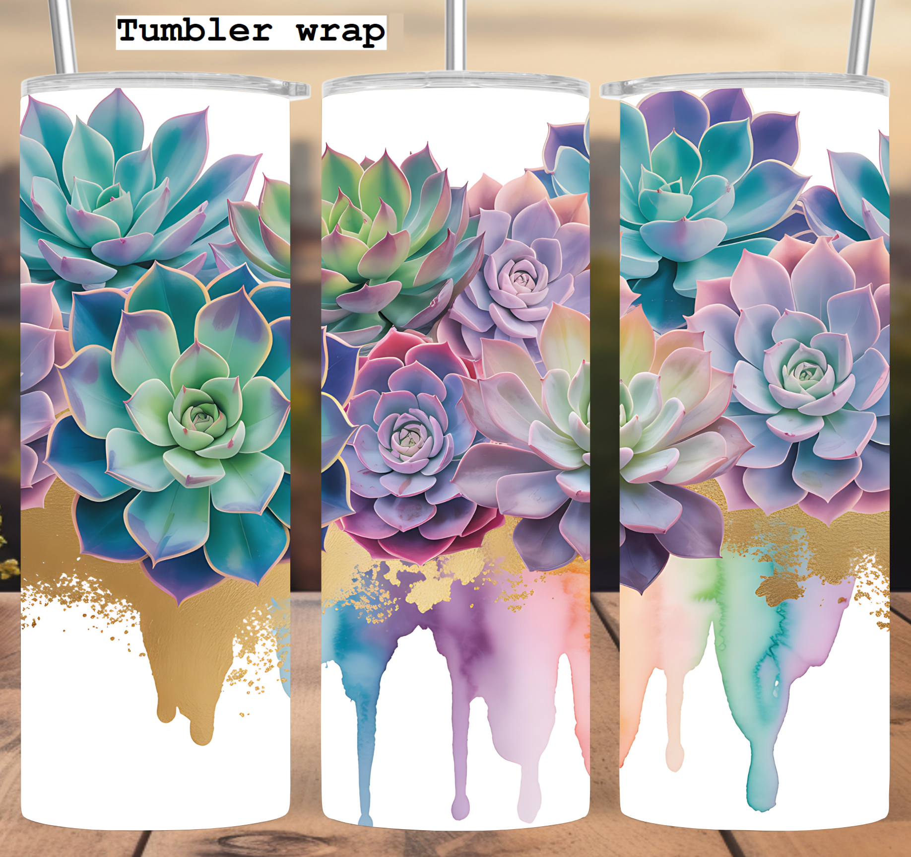 Succulent rainbow gold tumbler wrap 20oz PNG