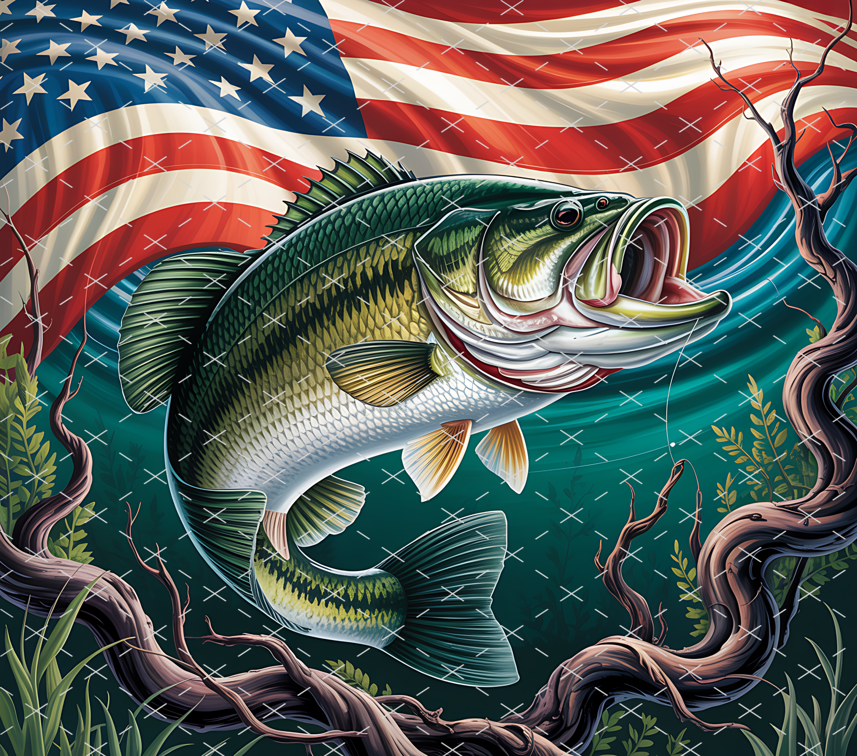 Patriotic Bass Fishing Design tumbler wrap 20oz PNG