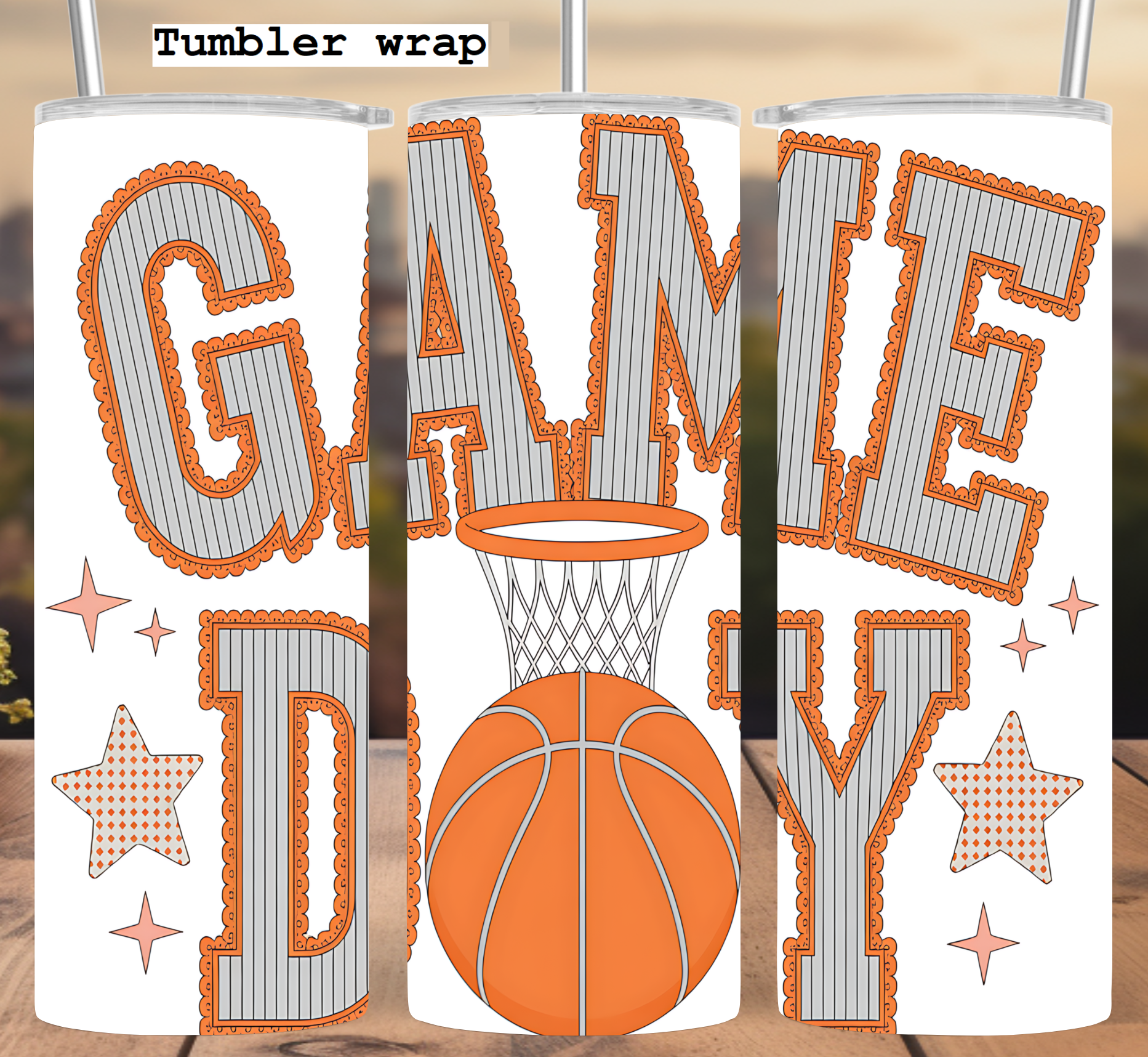 Basketball Game Day Tumbler Wrap: Orange Hoop Stars and Sporty Design tumbler wrap 20oz PNG