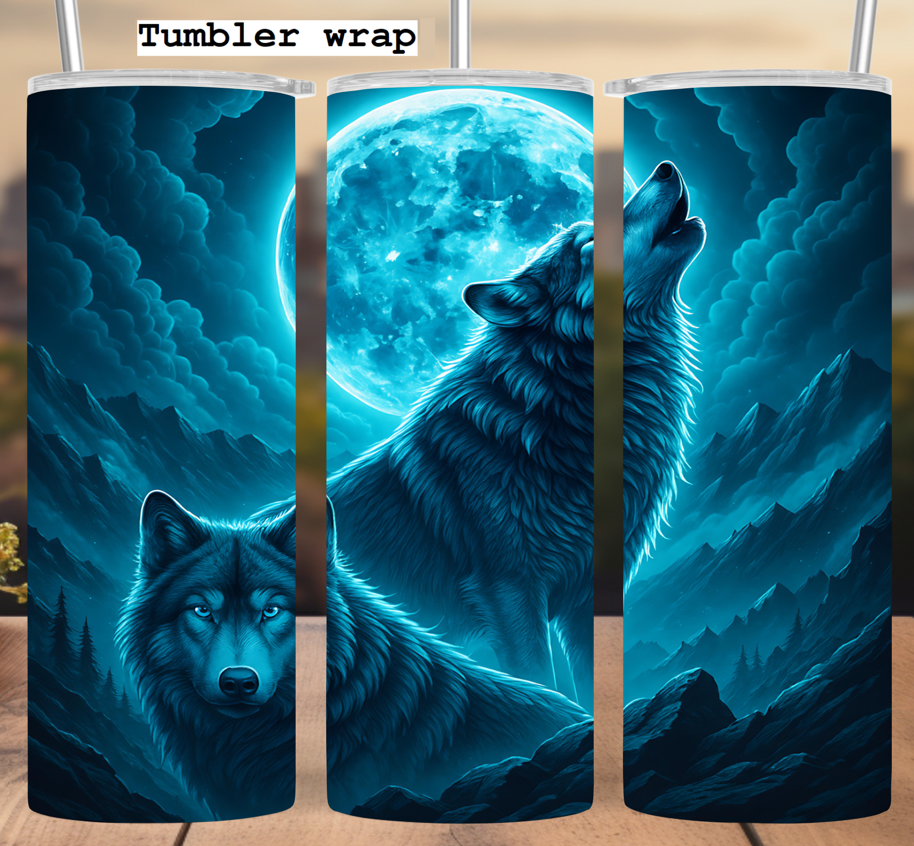 Wolf Moonlight Majesty: Mystical Night Howling Scene tumbler wrap 20oz PNG