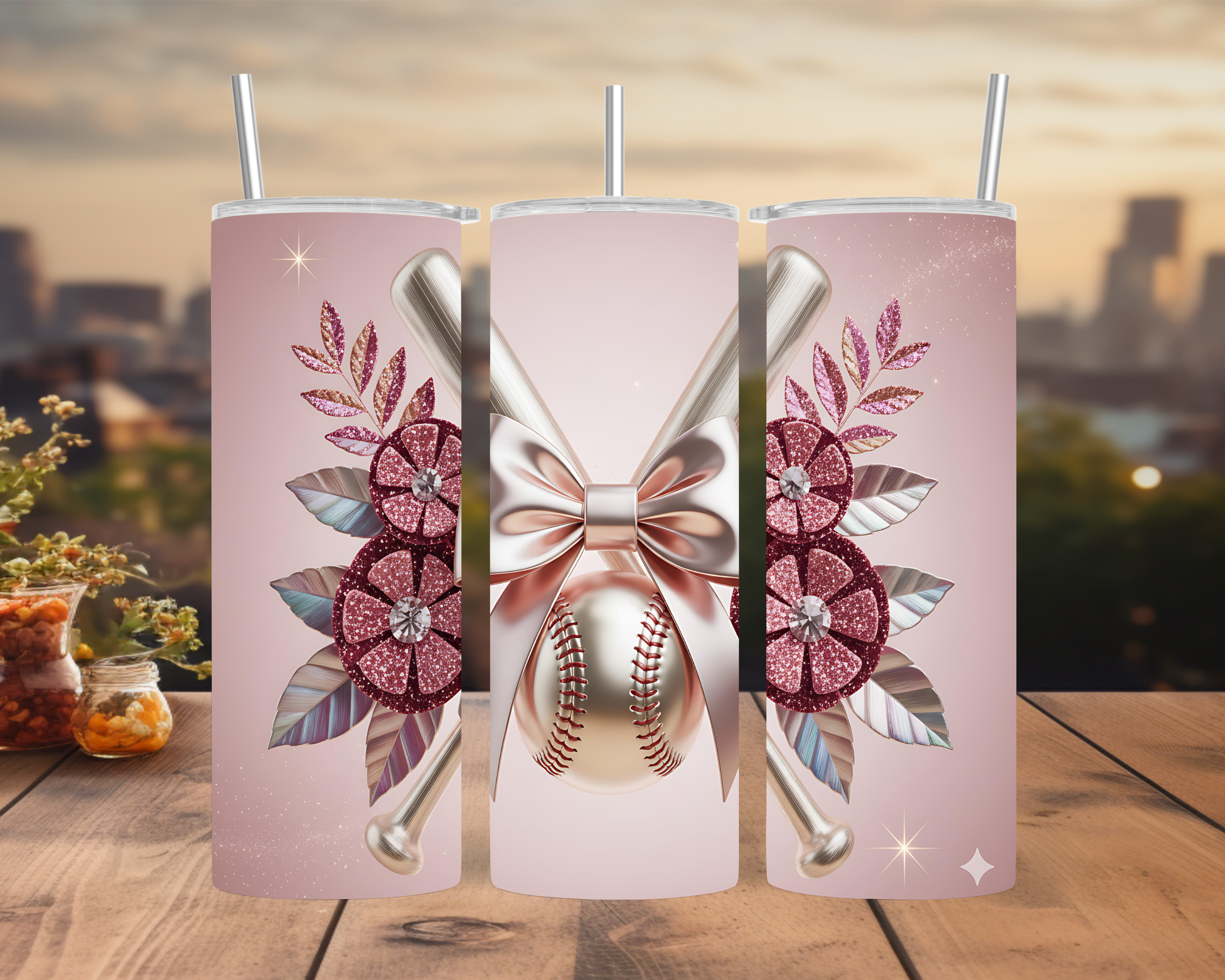 Baseball Tumbler Wrap — Luxury Floral Bow Sports Design Wrap 20oz PNG