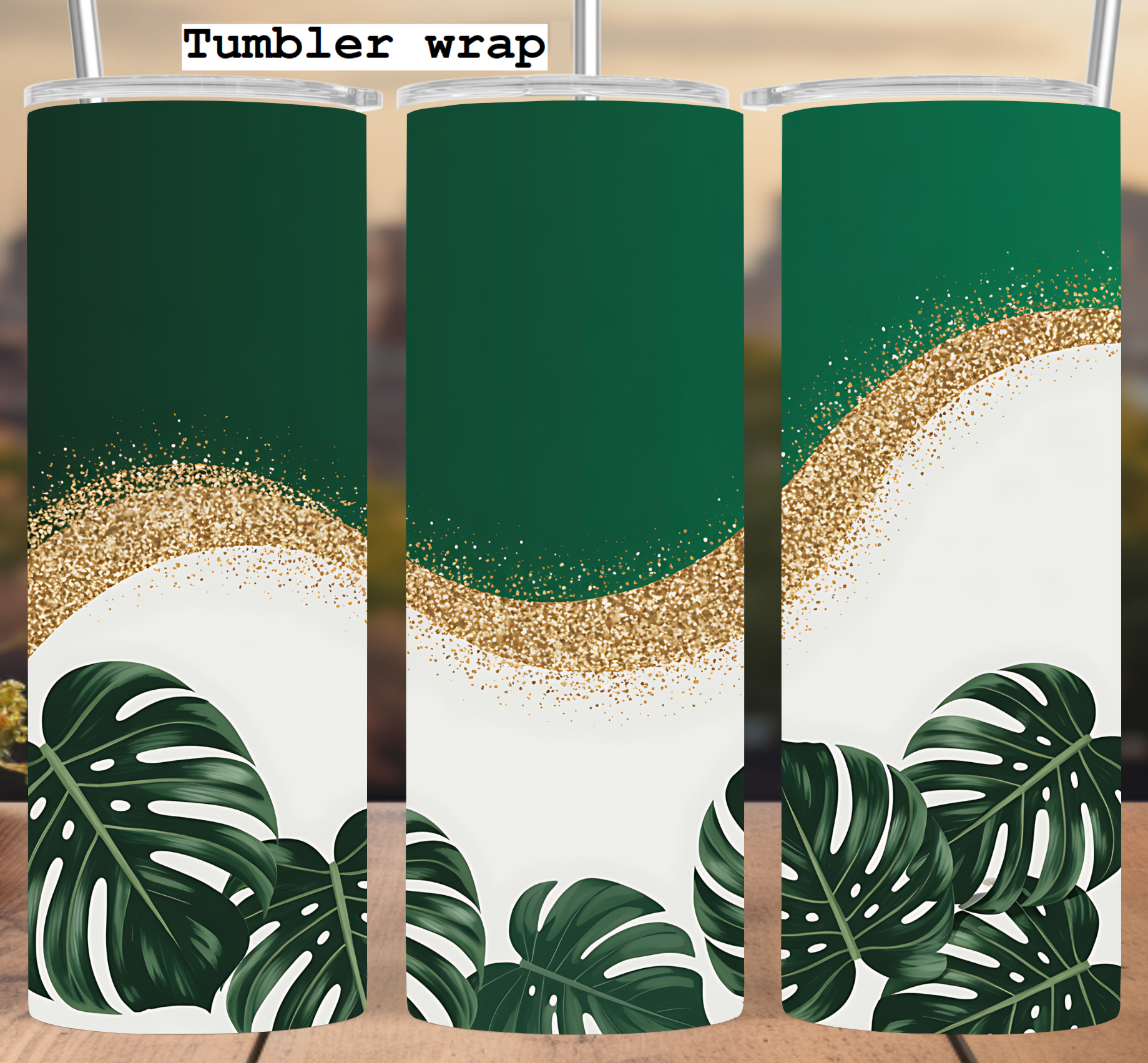 Tropical Green Gold Glitter tumbler wrap 20oz PNG