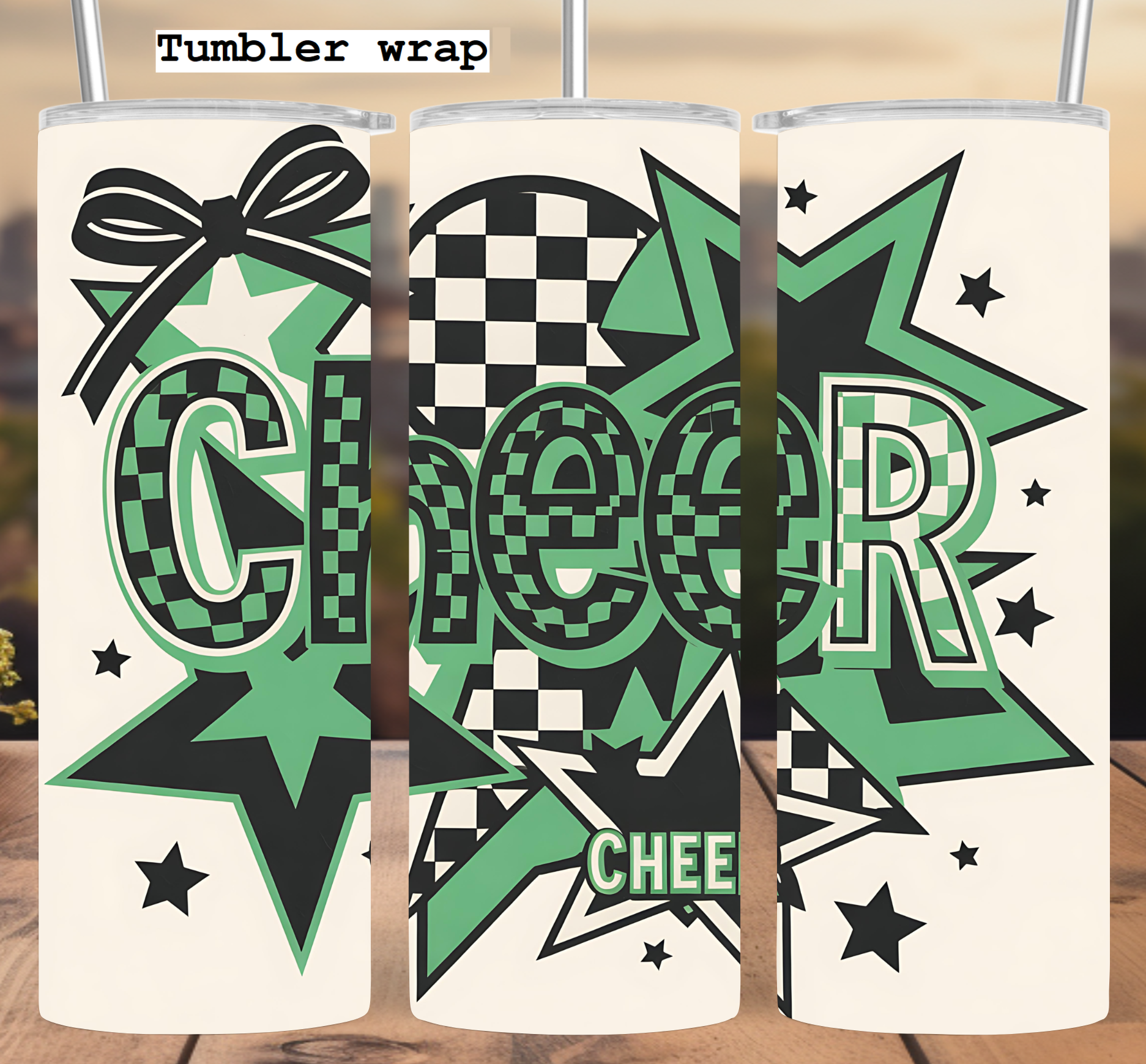 Green Checker Cheer Star: Retro Team Spirit School Design tumbler wrap 20oz PNG