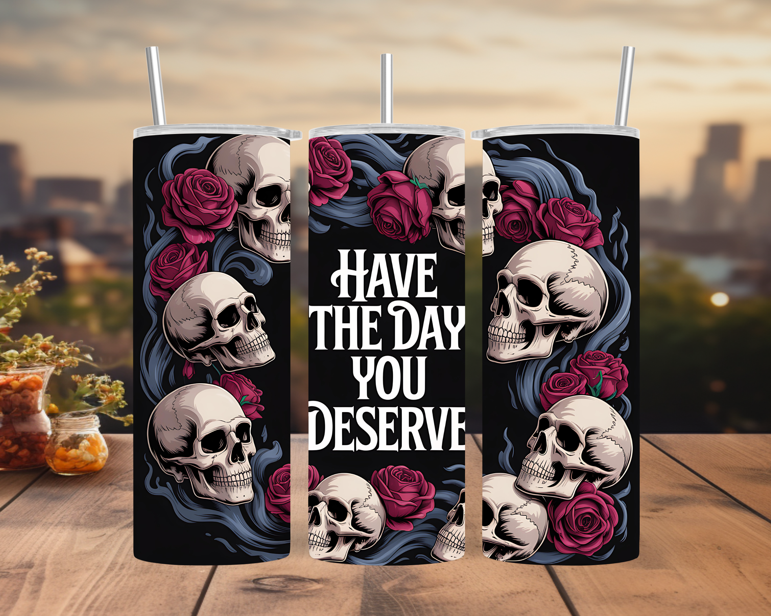 Skull Roses Gothic Tumbler Wrap 20oz: Dark Floral Skull Sublimation Design PNG