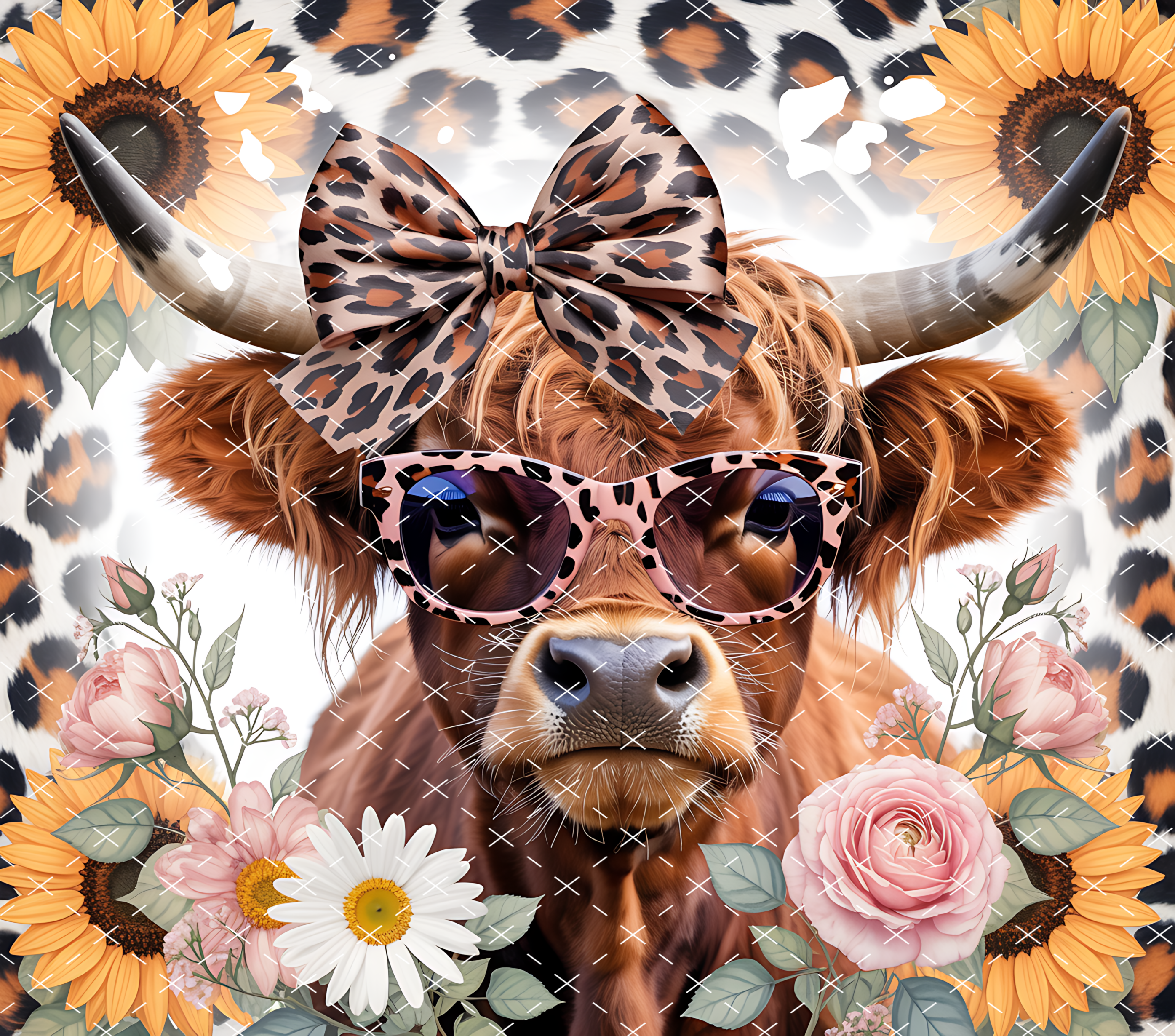Leopard Print Highland Cow: Floral Country Chic Design tumbler wrap 20oz PNG