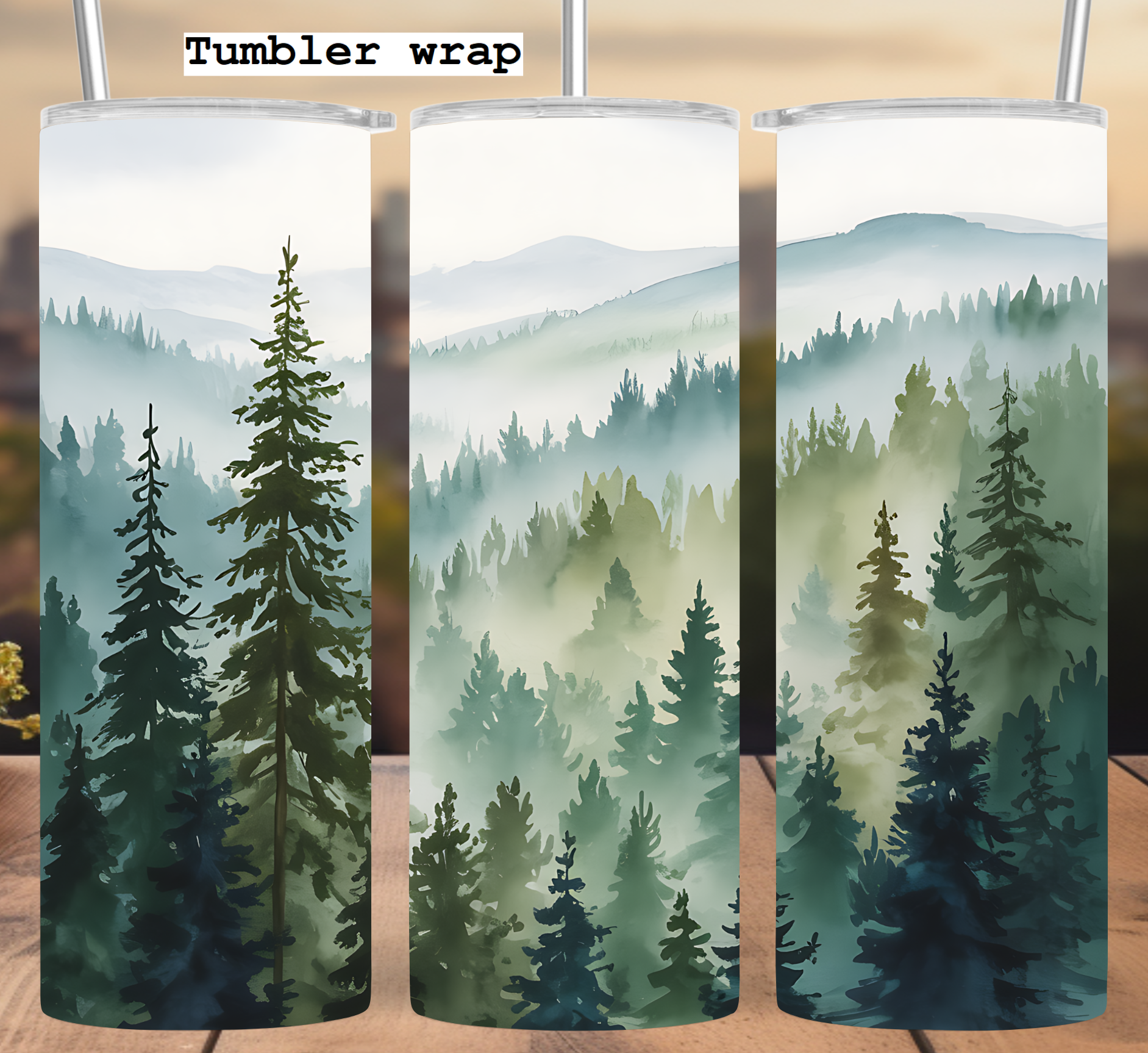 Forest Mountain Tumbler Wrap: Misty Pine Nature Landscape 20oz PNG (Digital Download)