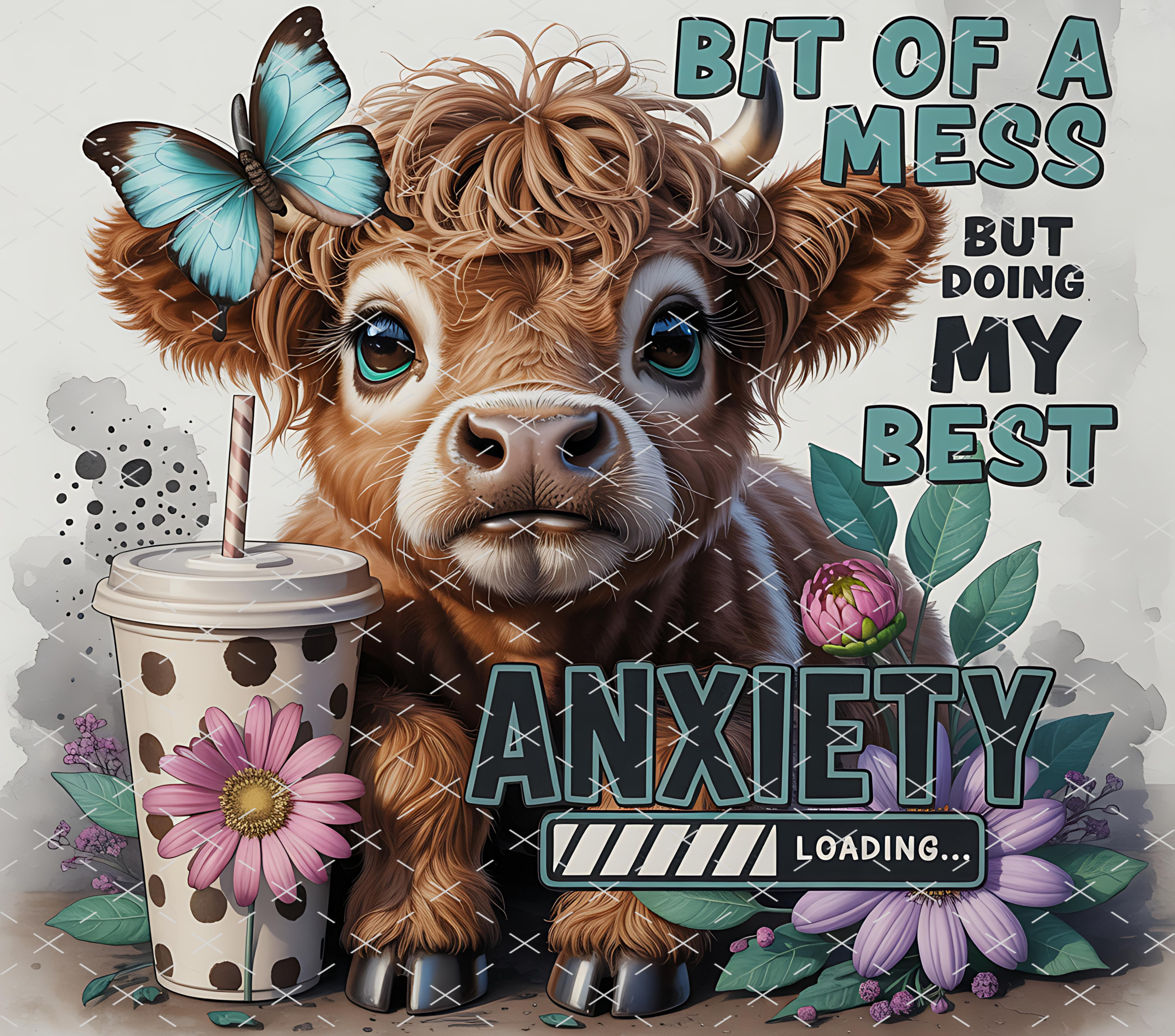 Bit of a Mess Cow Anxiety: Cute Motivational Animal Art tumbler wrap 20oz PNG