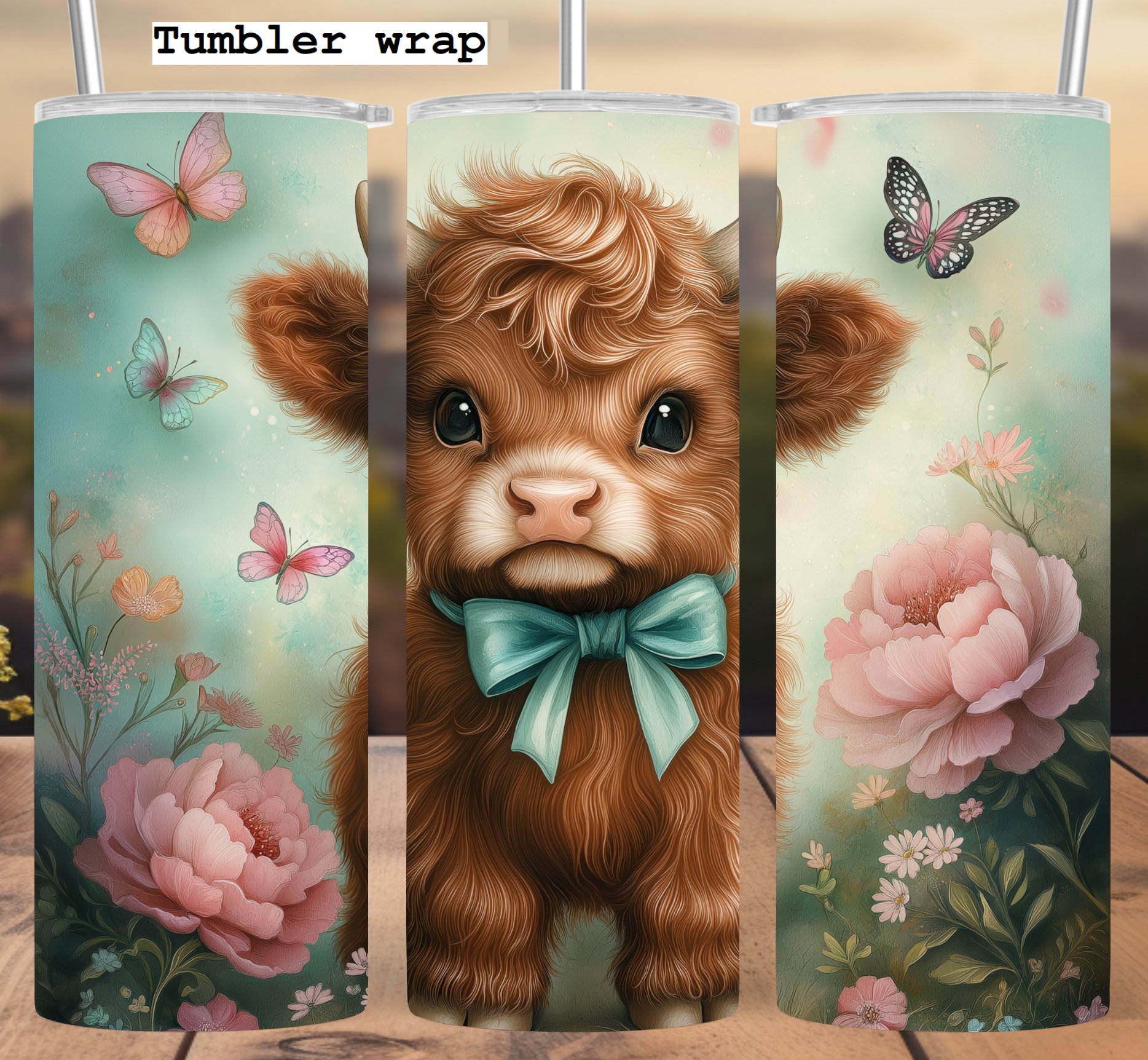 Highland Cow Tumbler Wrap: Floral Butterfly Design 20oz PNG Digital Download