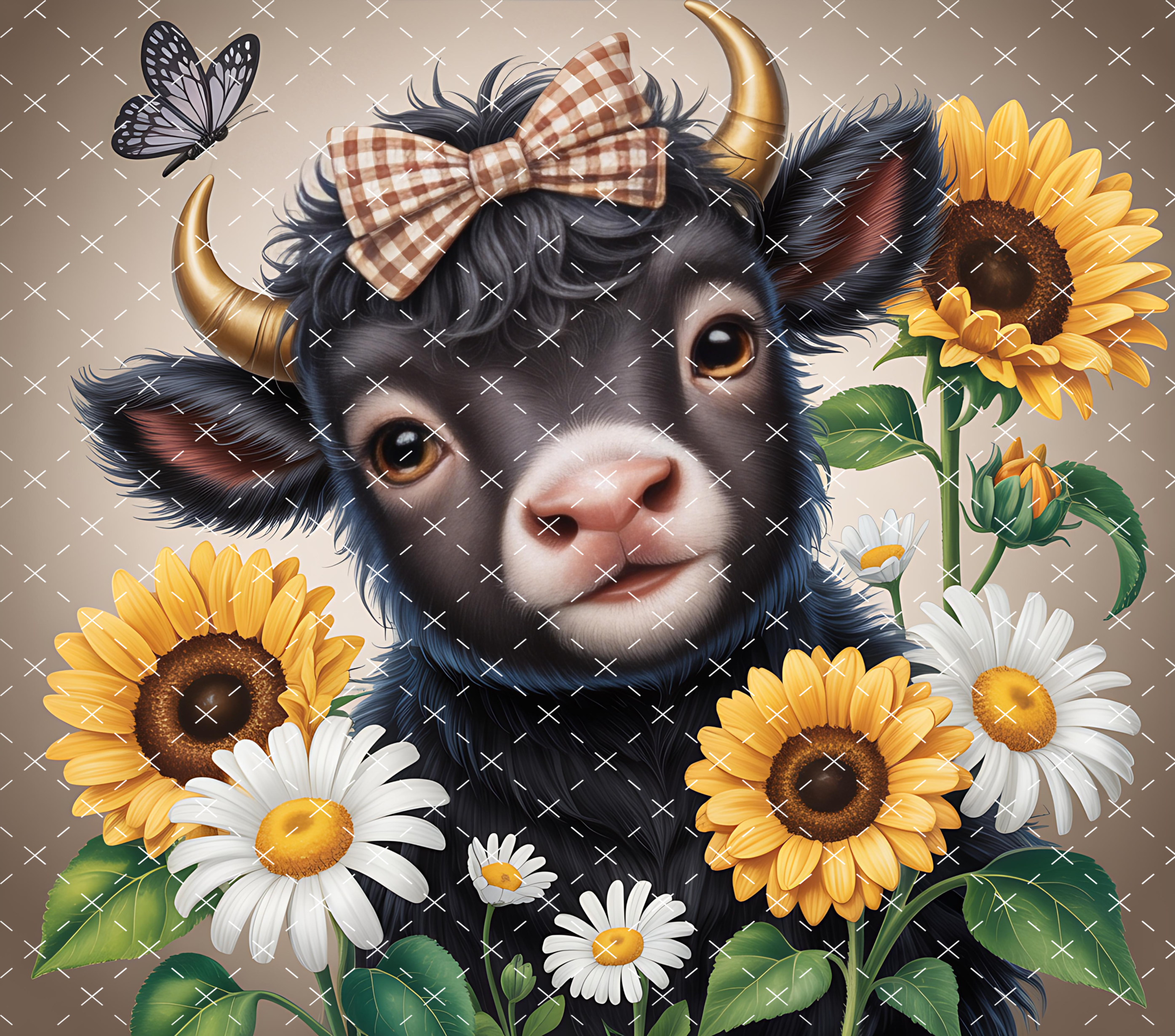 Highland Cow Tumbler Wrap: Sunflower Floral Country Design 20oz PNG (Digital Download)