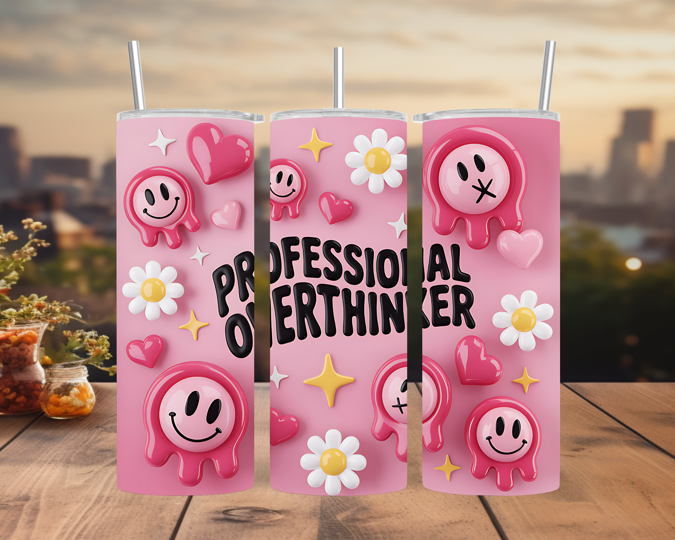 3D Puff Tumbler Wrap: Professional Overthinker Pink Smiley Design 20oz PNG (Digital Download)