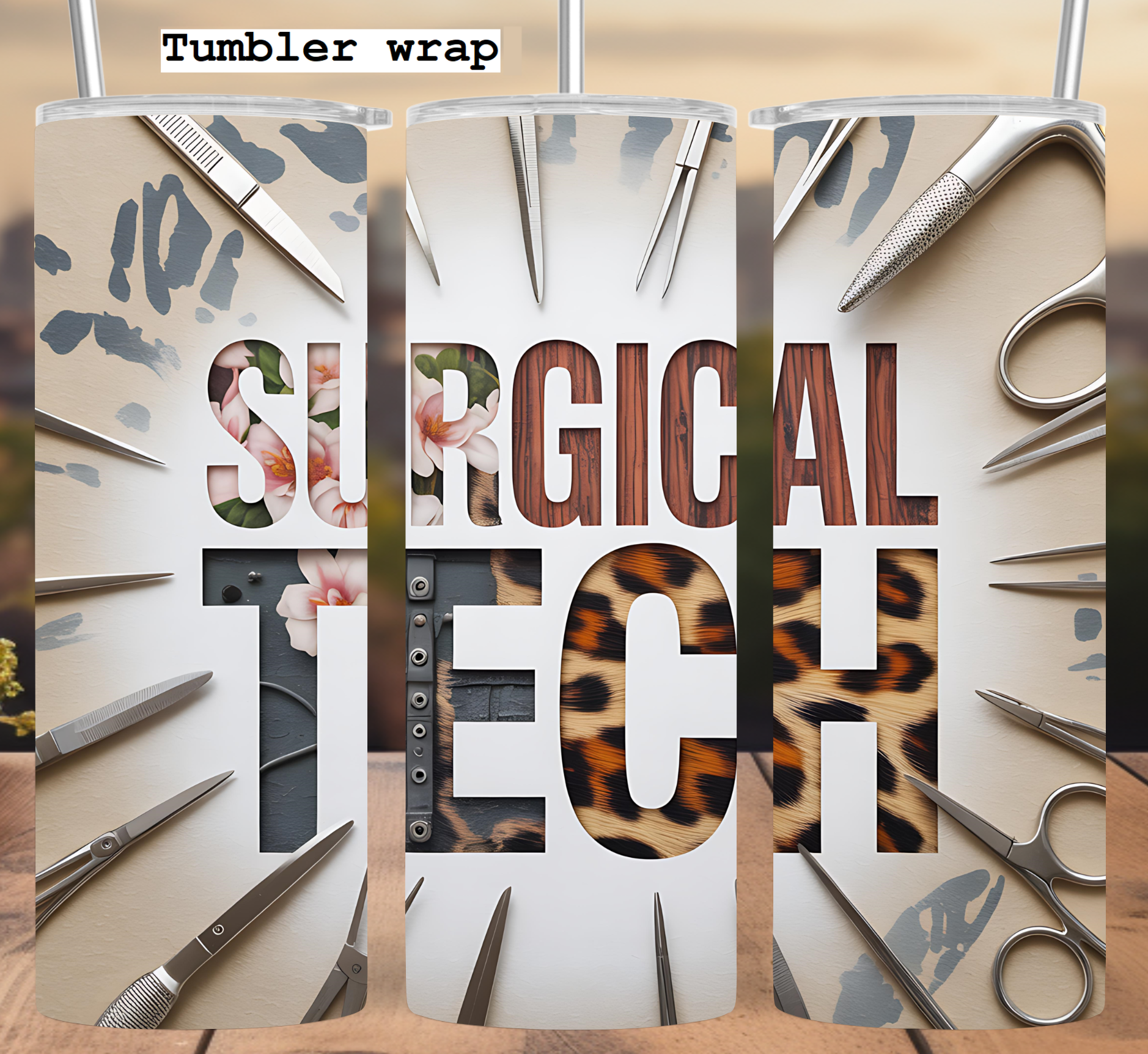 Surgical Tech Leopard Floral Medical Design tumbler wrap 20oz PNG