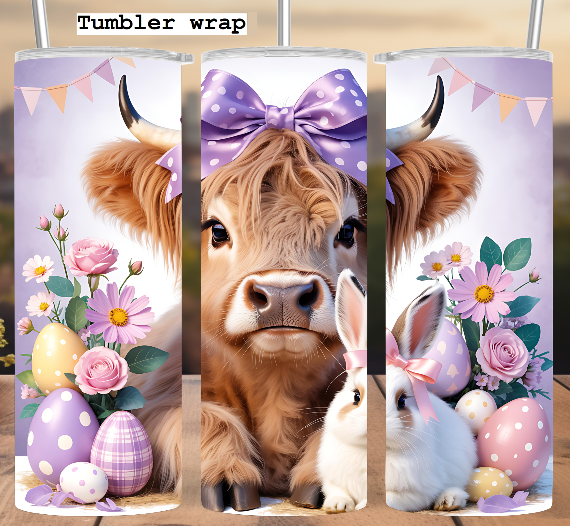 Highland Cow Easter: Cute Bunny and Floral Pastel Design tumbler wrap 20oz PNG