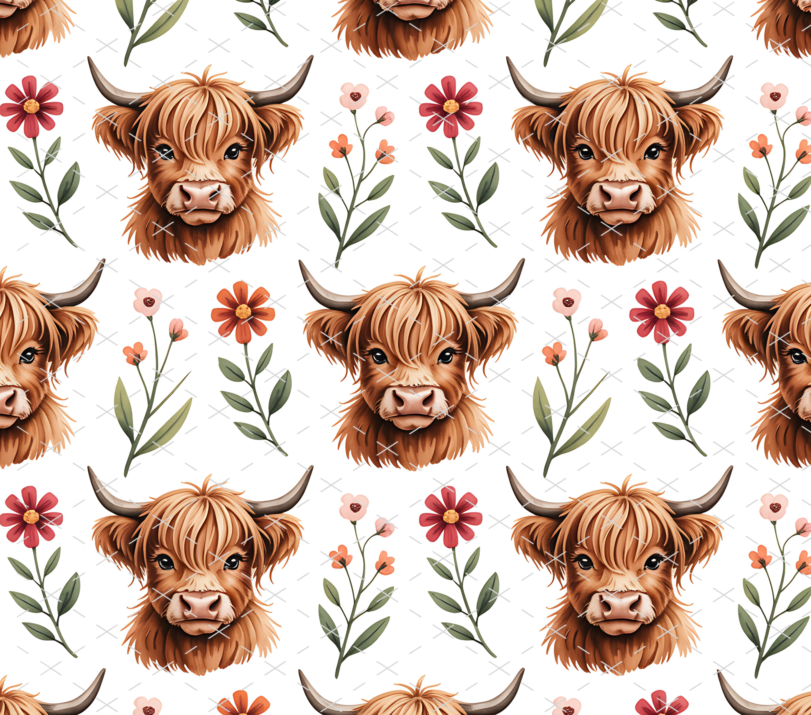 Highland Cow Floral Pattern tumbler wrap 20oz PNG