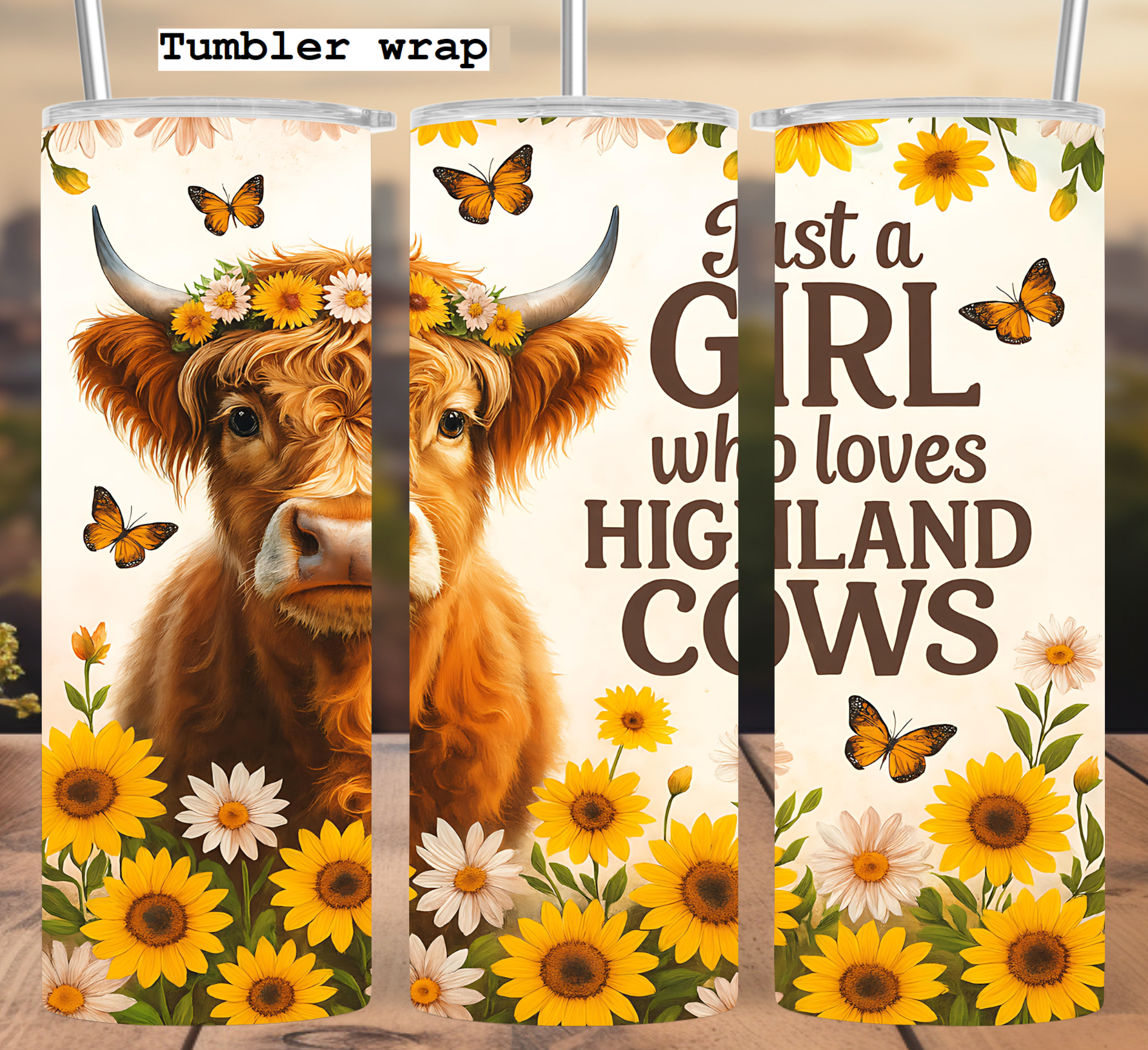 Highland Cow Tumbler Wrap: Floral Sunflower Cow Design 20oz PNG Digital Download