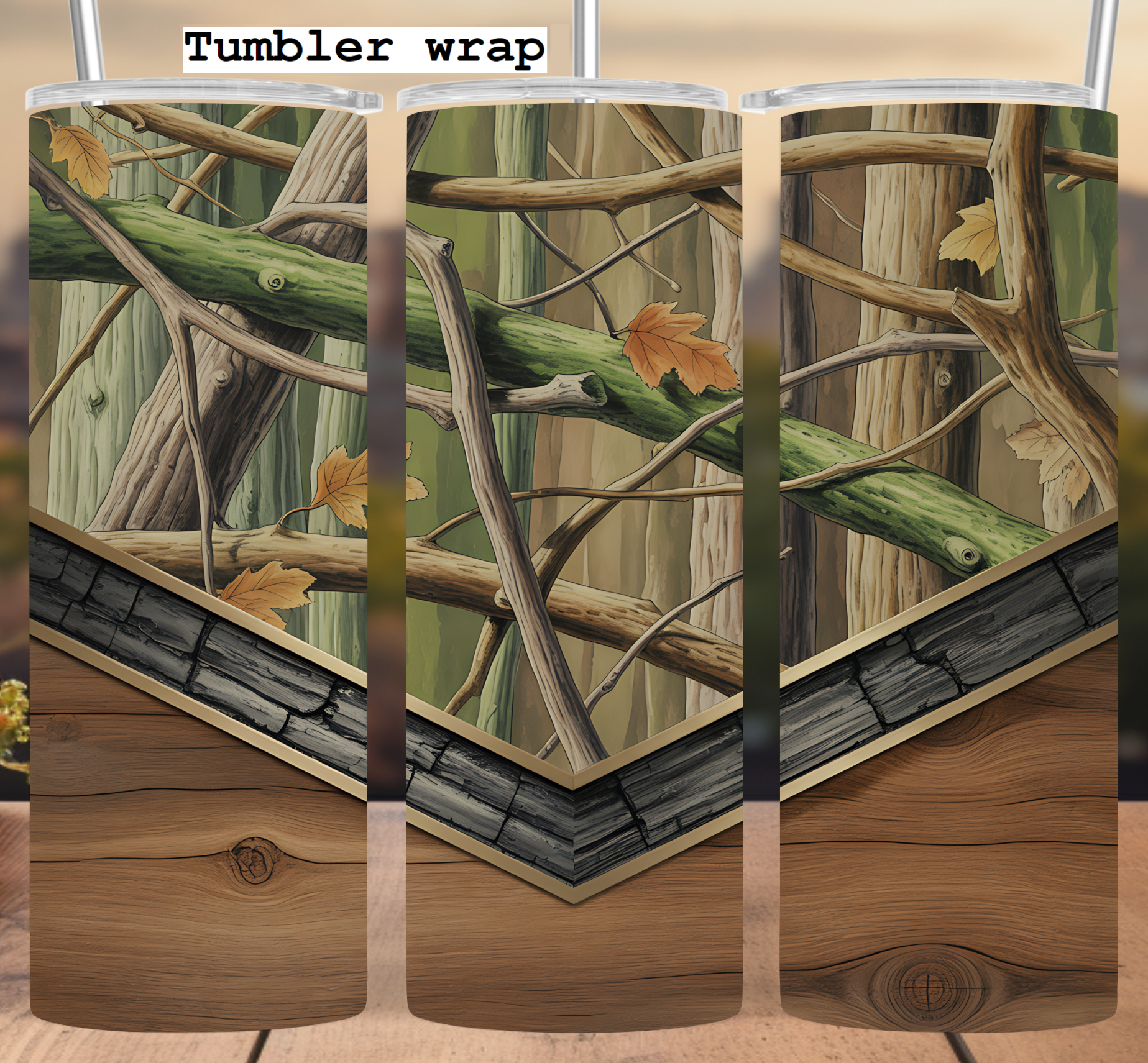 Forest Camo Wood Branch Leaves tumbler wrap 20oz PNG