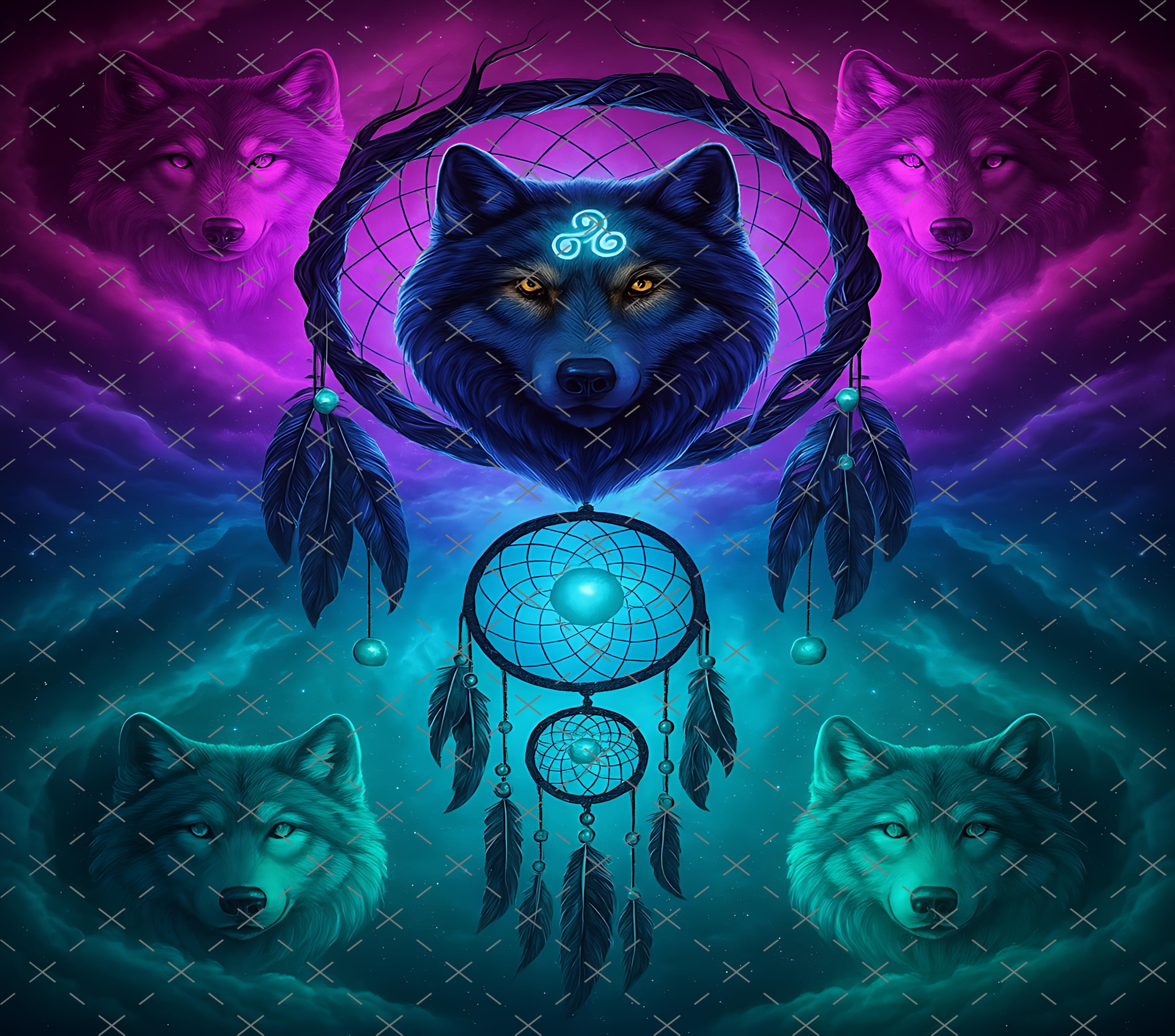 Wolf Dreamcatcher Spirit: Celestial Tribal Glow Art tumbler wrap 20oz PNG