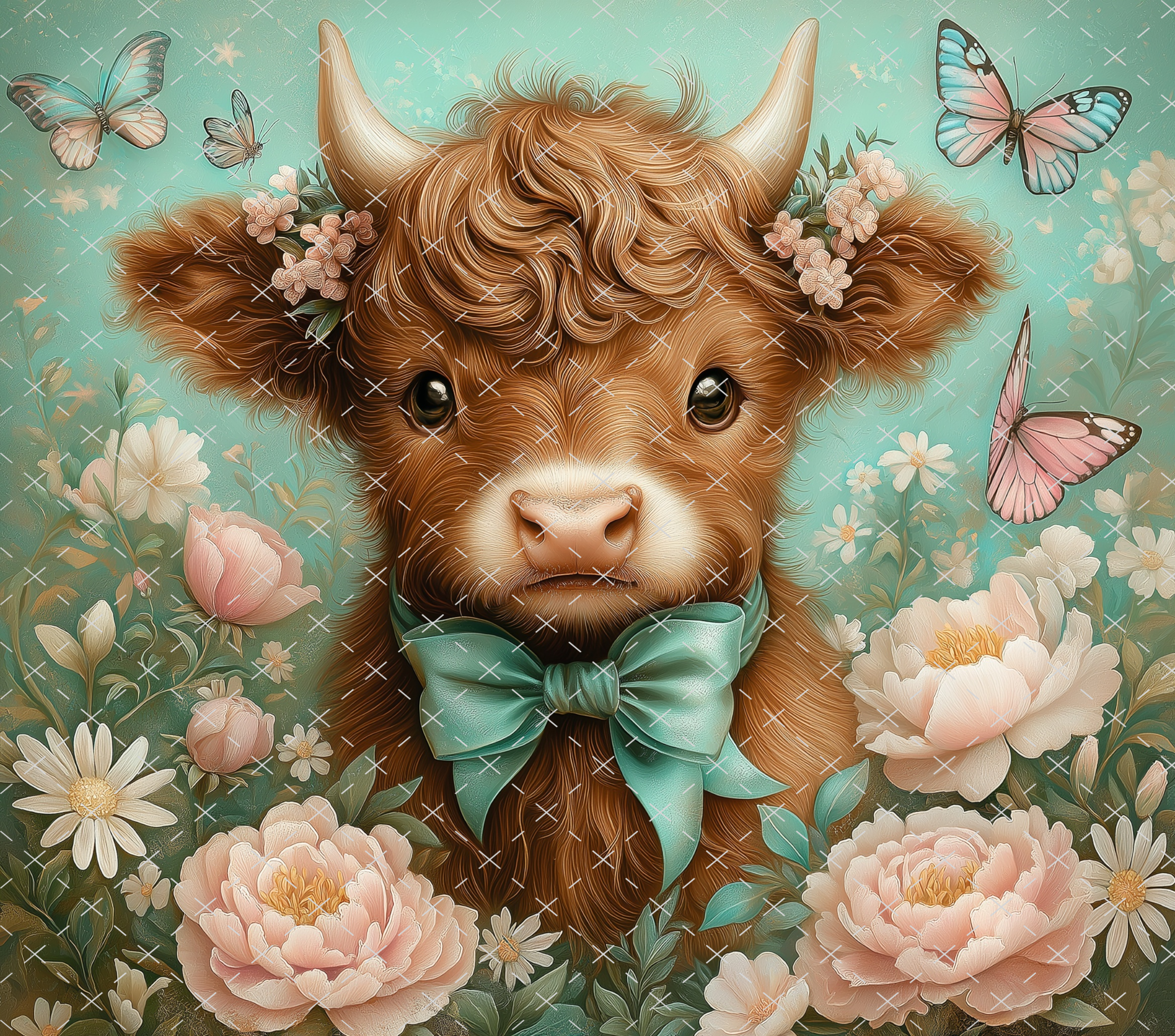 Highland Cow Tumbler Wrap: Floral Butterfly Design 20oz PNG Digital Download