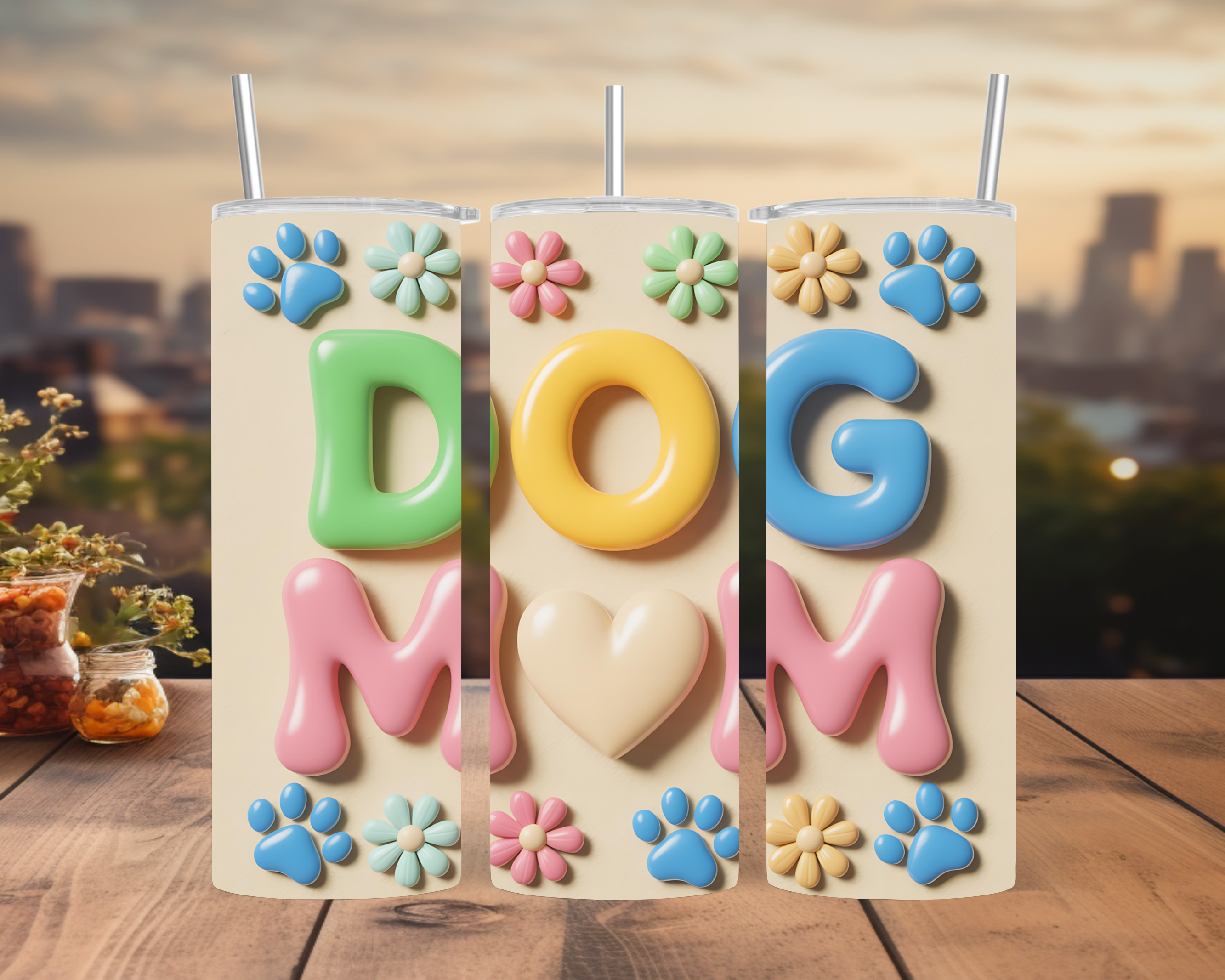 Dog Mom Tumbler Wrap 20oz: Colorful Paw Print Floral Design PNG