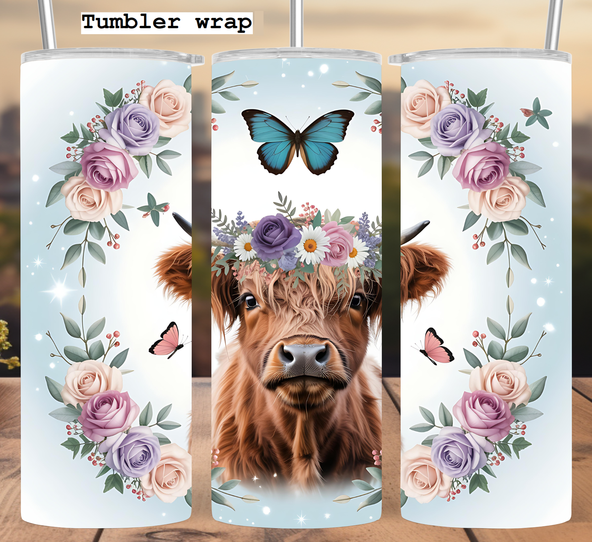 Highland Cow Floral Wreath Tumbler Wrap: Pastel Butterfly Design tumbler wrap 20oz PNG