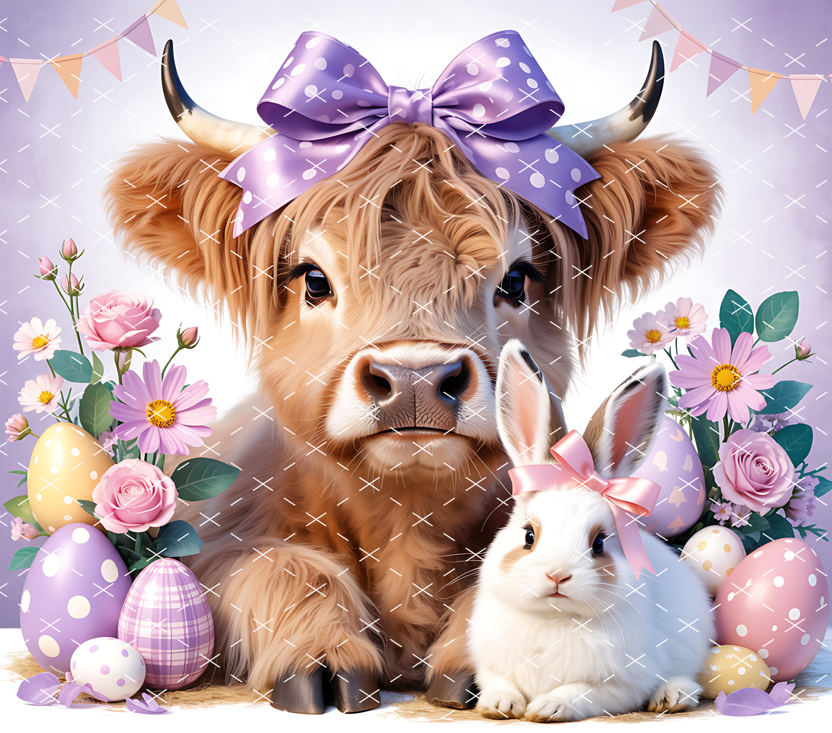 Highland Cow Easter: Cute Bunny and Floral Pastel Design tumbler wrap 20oz PNG