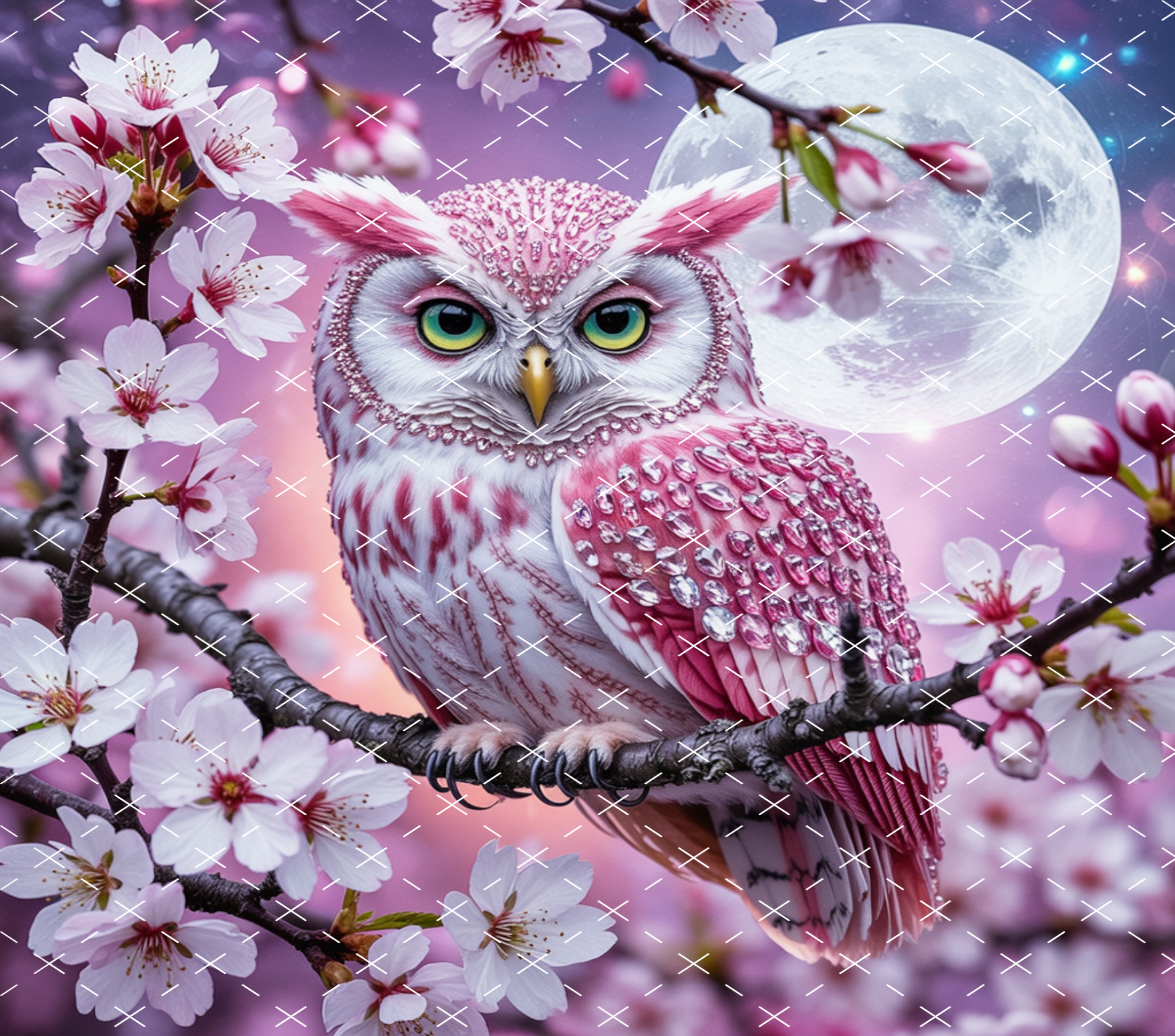 Pink Jeweled Owl Moon Cherry Blossom Design tumbler wrap 20oz PNG