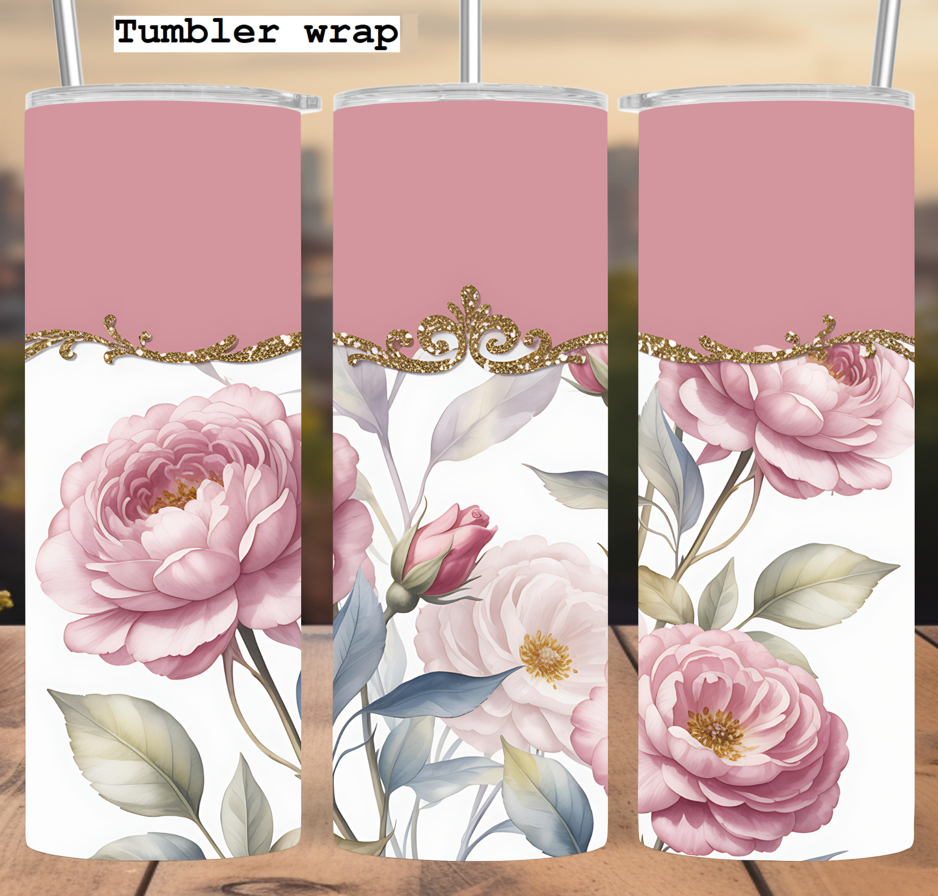 Pink Peony Gold Floral Elegance tumbler wrap 20oz PNG