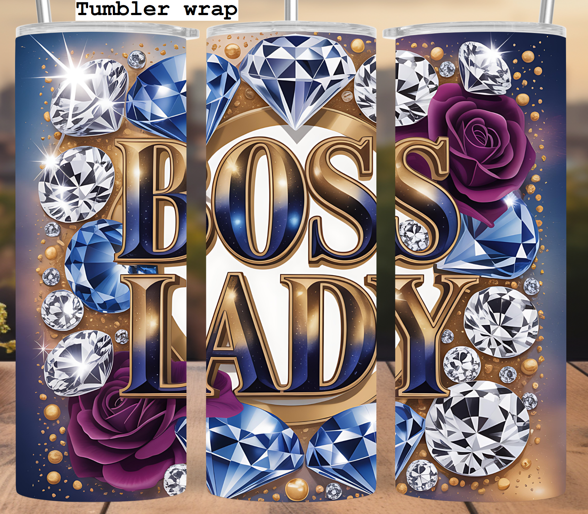 Boss Lady Tumbler Wrap: Luxury Diamond & Purple Rose Design 20oz PNG (Digital Download)