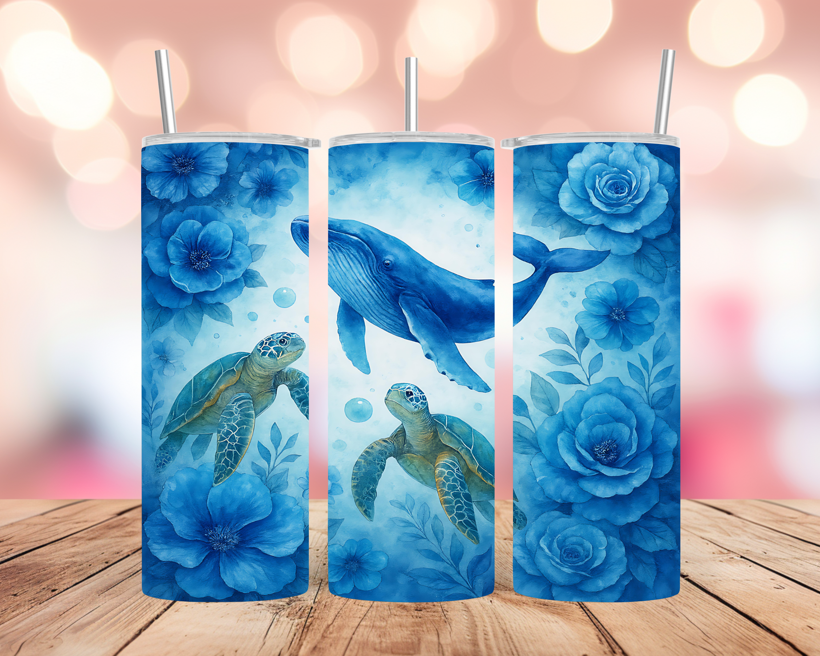 Whale Turtle Floral Tumbler Wrap: Ocean Blue Sea Life Flowers 20oz PNG (Digital Download)