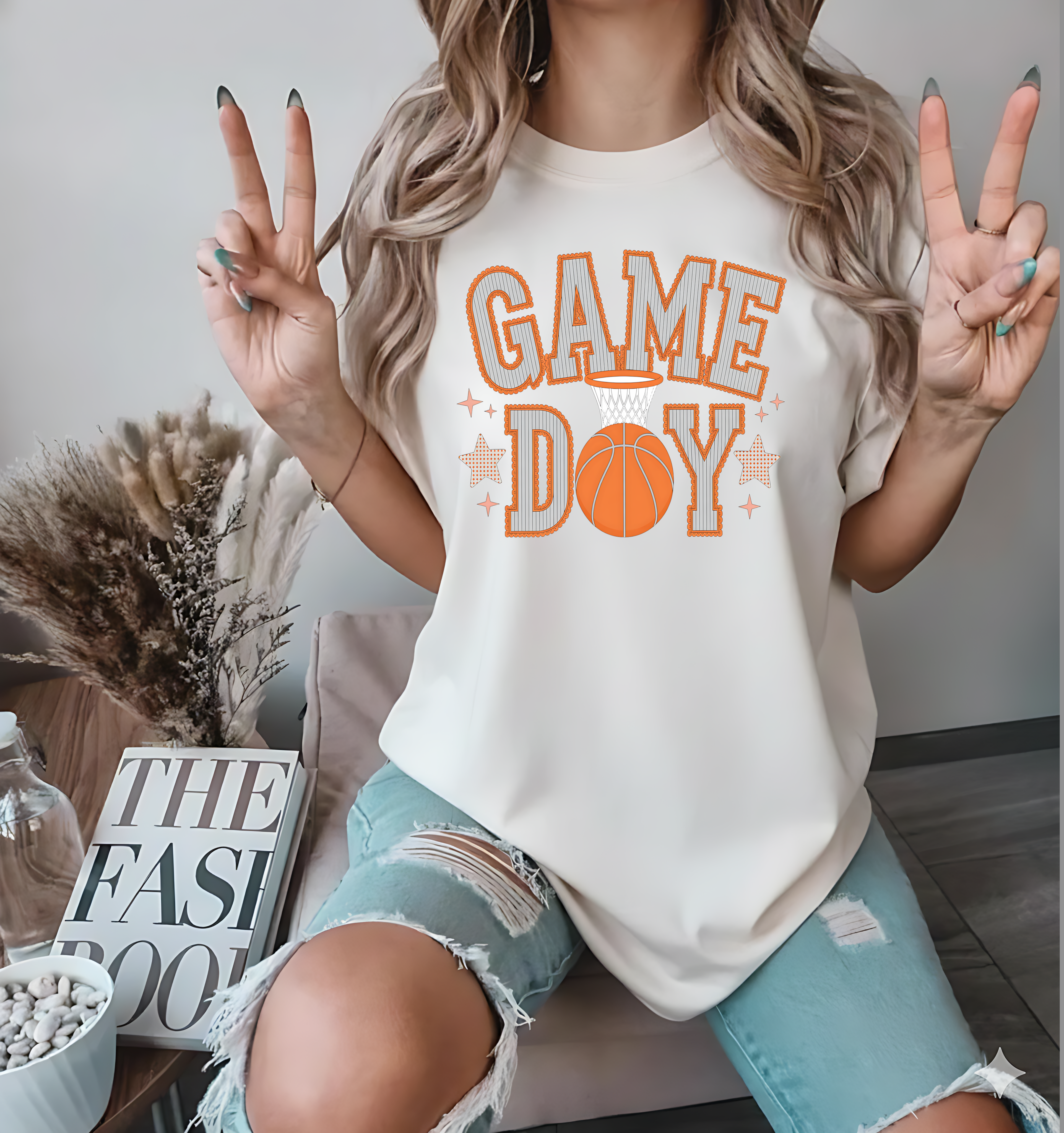 Basketball Game Day Shirt: Orange Hoop and Stars Sports Design T shirt, Shirt PNG Digital Download