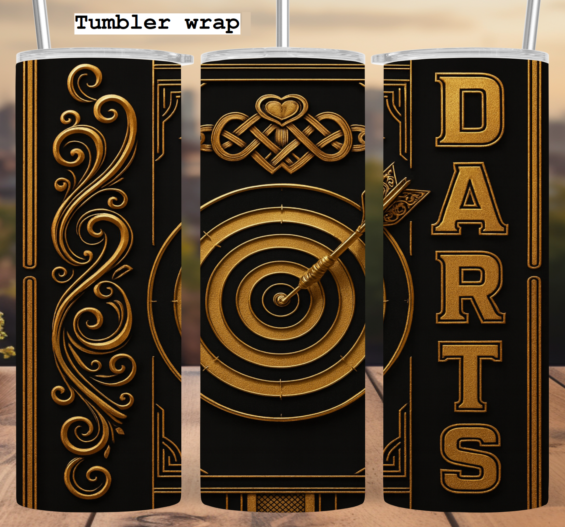 Gold Darts Design: Elegant Black and Gold Target Art tumbler wrap 20oz PNG