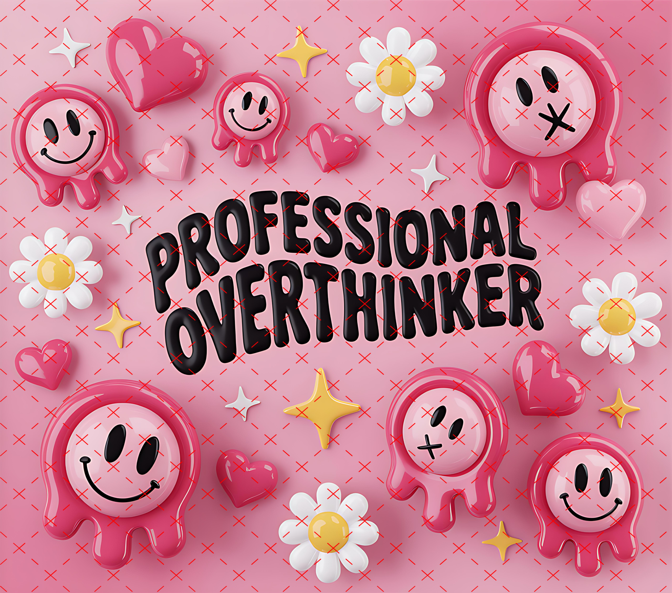 3D Puff Tumbler Wrap: Professional Overthinker Pink Smiley Design 20oz PNG (Digital Download)
