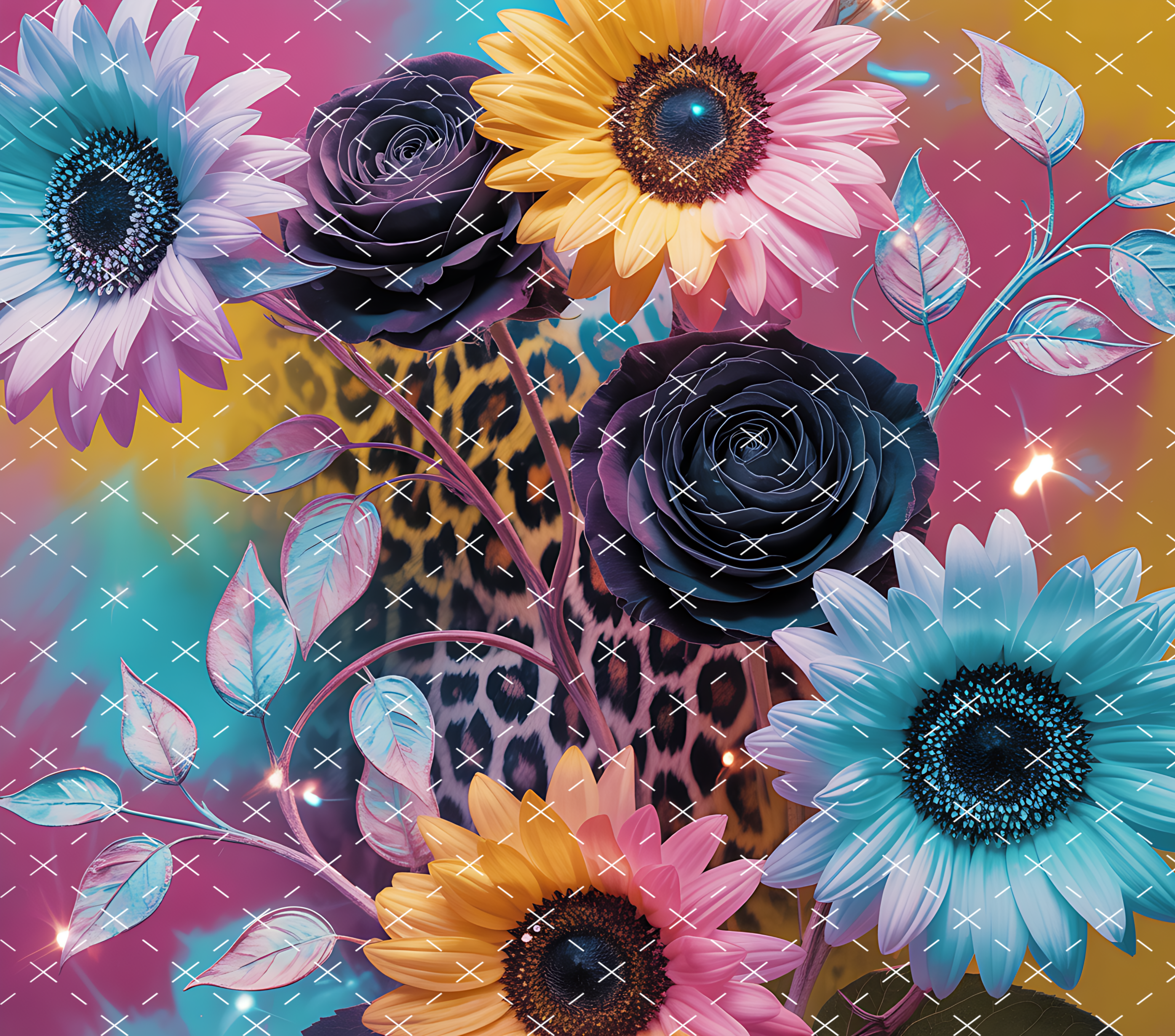 Leopard Floral Sunflower Rose Design tumbler wrap 20oz PNG