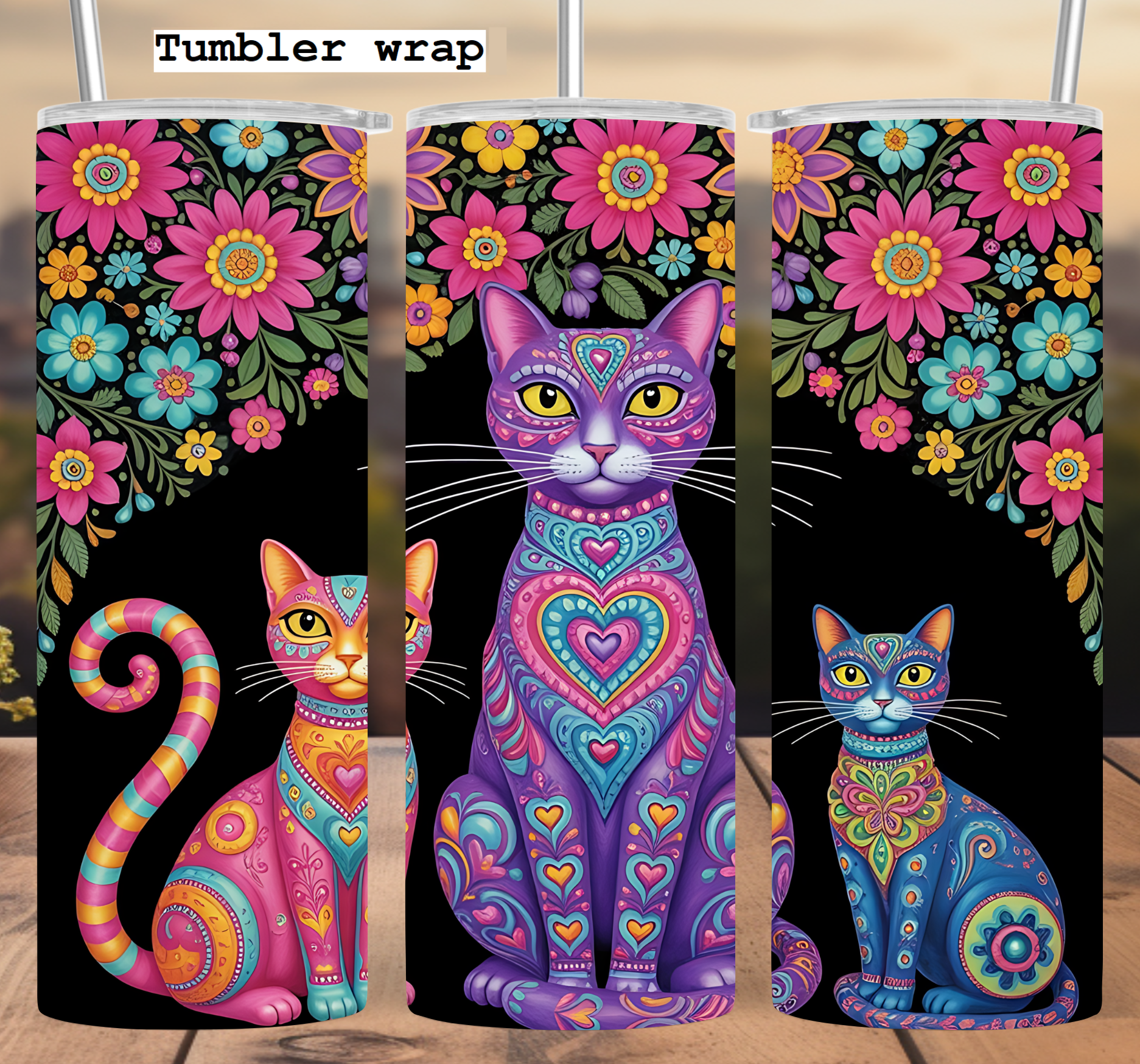 Colorful Cat Tumbler Wrap: Vibrant Floral Pattern Design tumbler wrap 20oz PNG