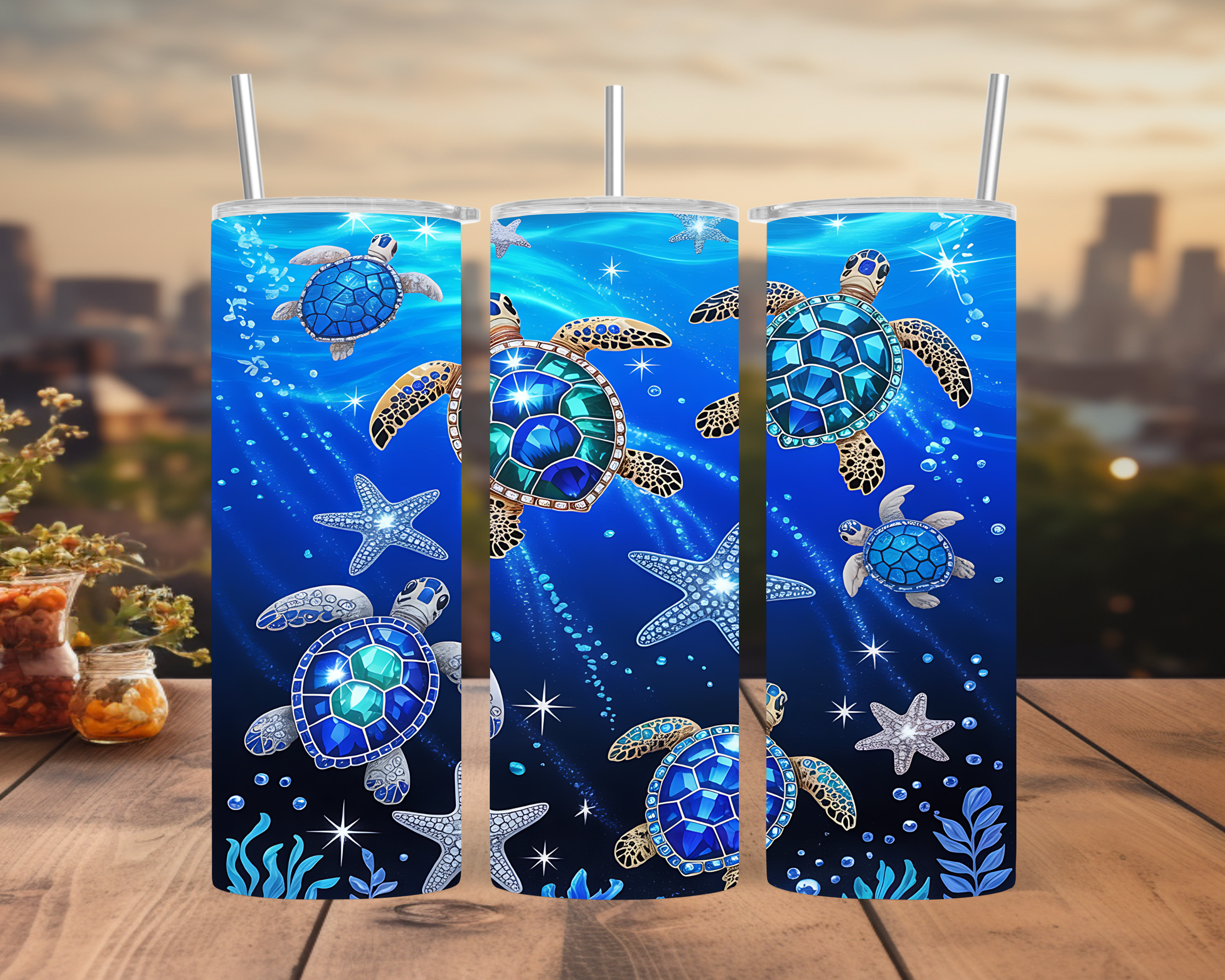 Sea Turtle Tumbler Wrap: Diamond Ocean Starfish Design 20oz PNG (Digital Download)
