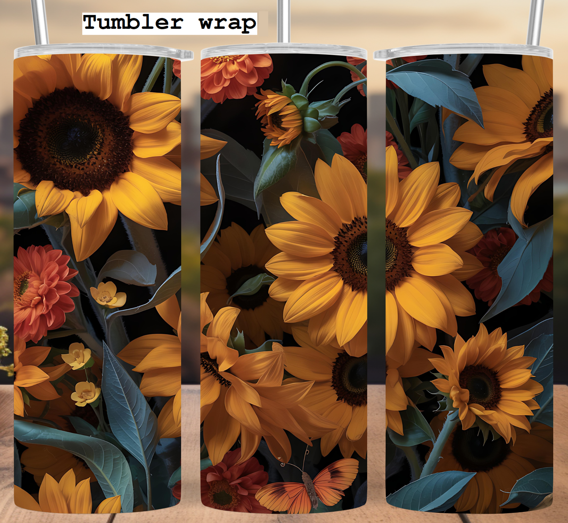 Sunflower Garden Glow: Bright Floral Butterflies Aesthetic tumbler wrap 20oz PNG