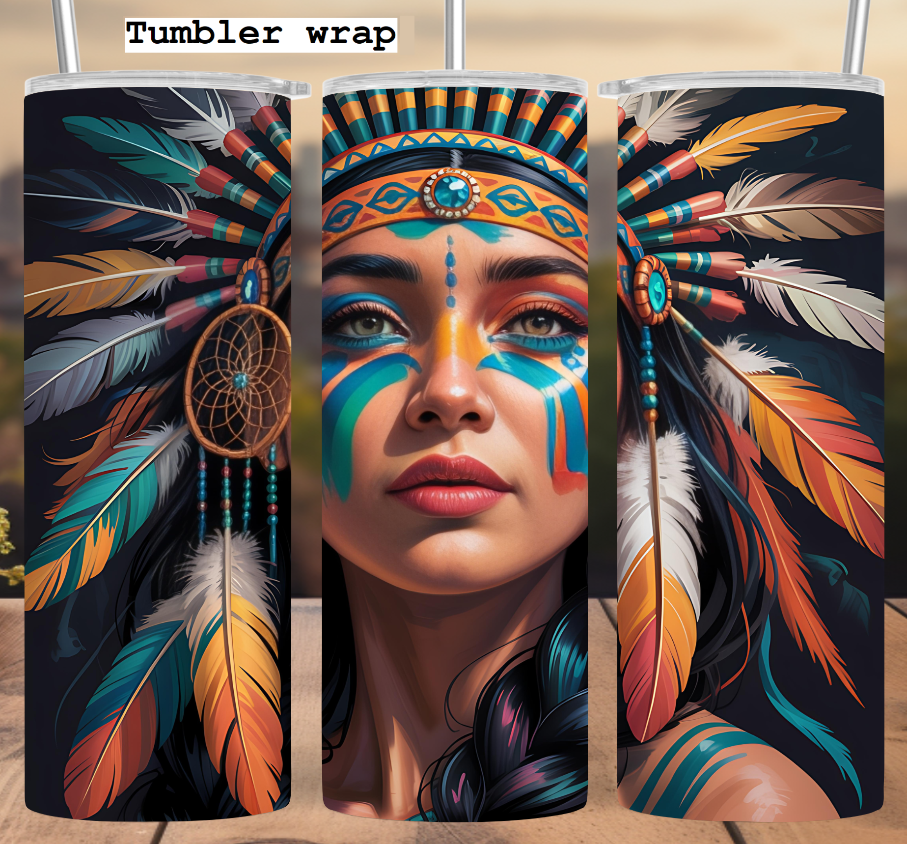 Native Inspired Feather Warrior tumbler wrap 20oz PNG