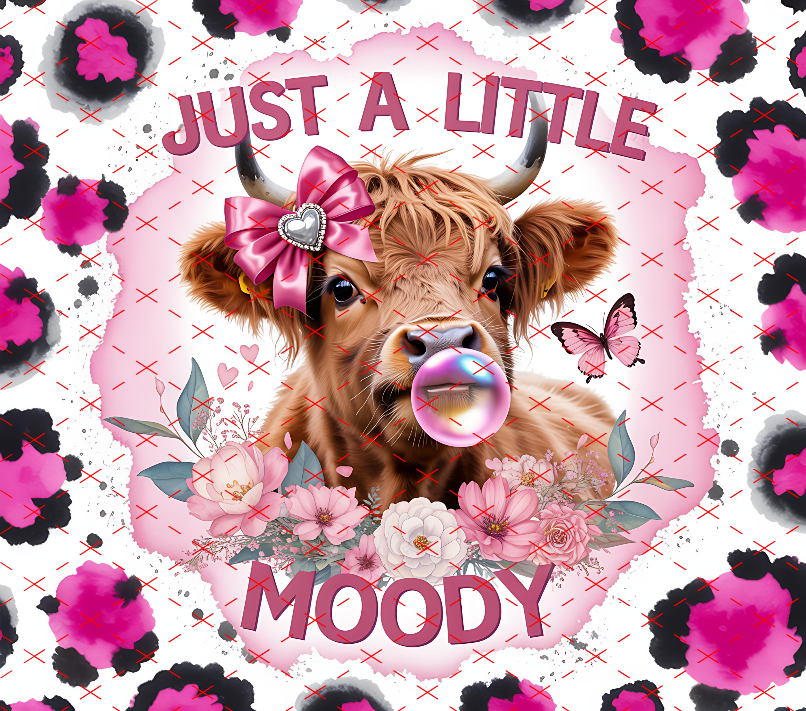 Just a Little Moody Cow: Cute Highland Cow with Bubble Gum and Pink Leopard tumbler wrap 20oz PNG
