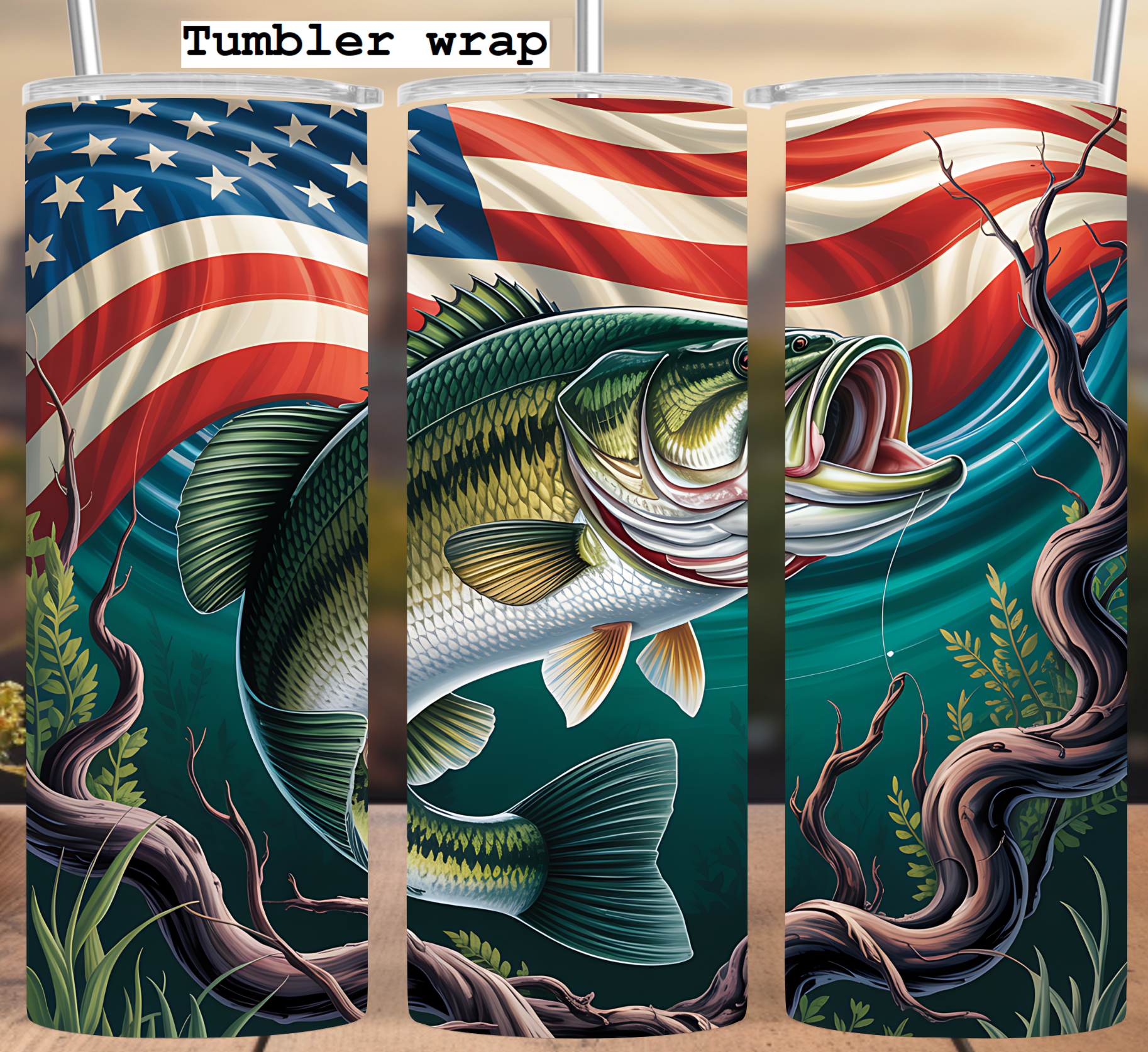 Patriotic Bass Fishing Design tumbler wrap 20oz PNG