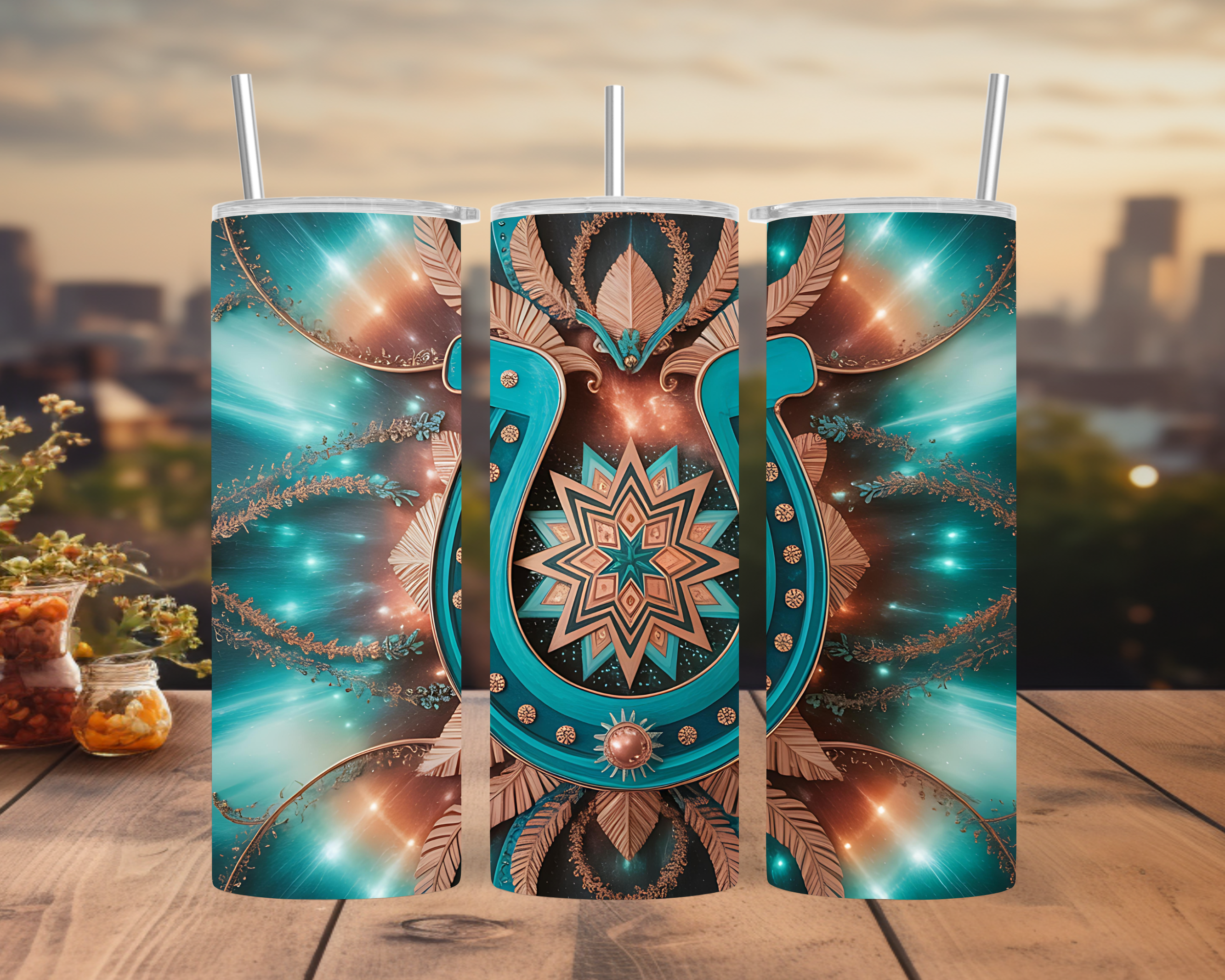 Turquoise Horseshoe Tumbler Wrap 20oz: Celestial Mandala Feather Sublimation Design PNG