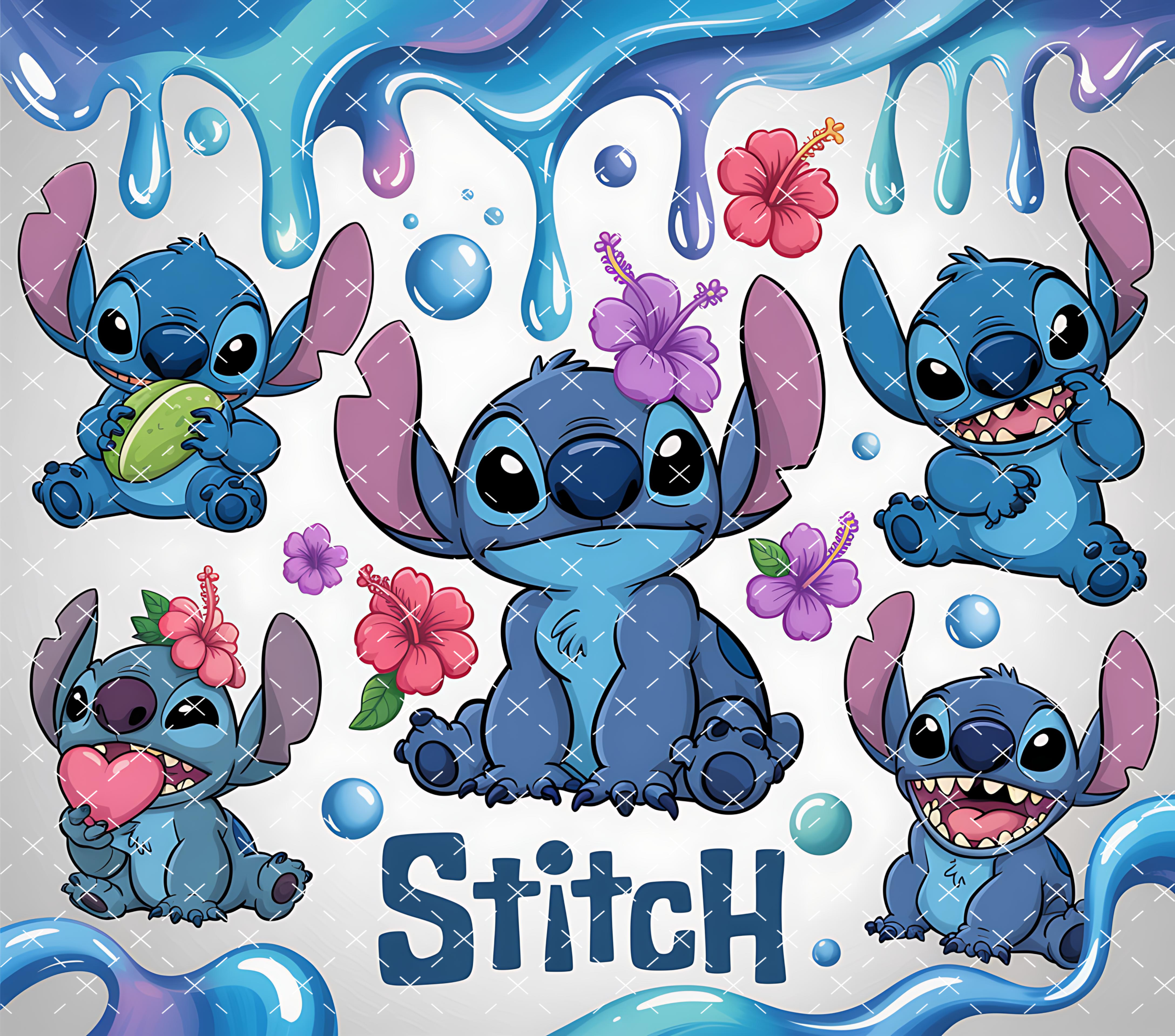 Stitch Drip Tumbler Wrap: Blue Cartoon Character Drip Floral Design 20oz PNG (Digital Download)