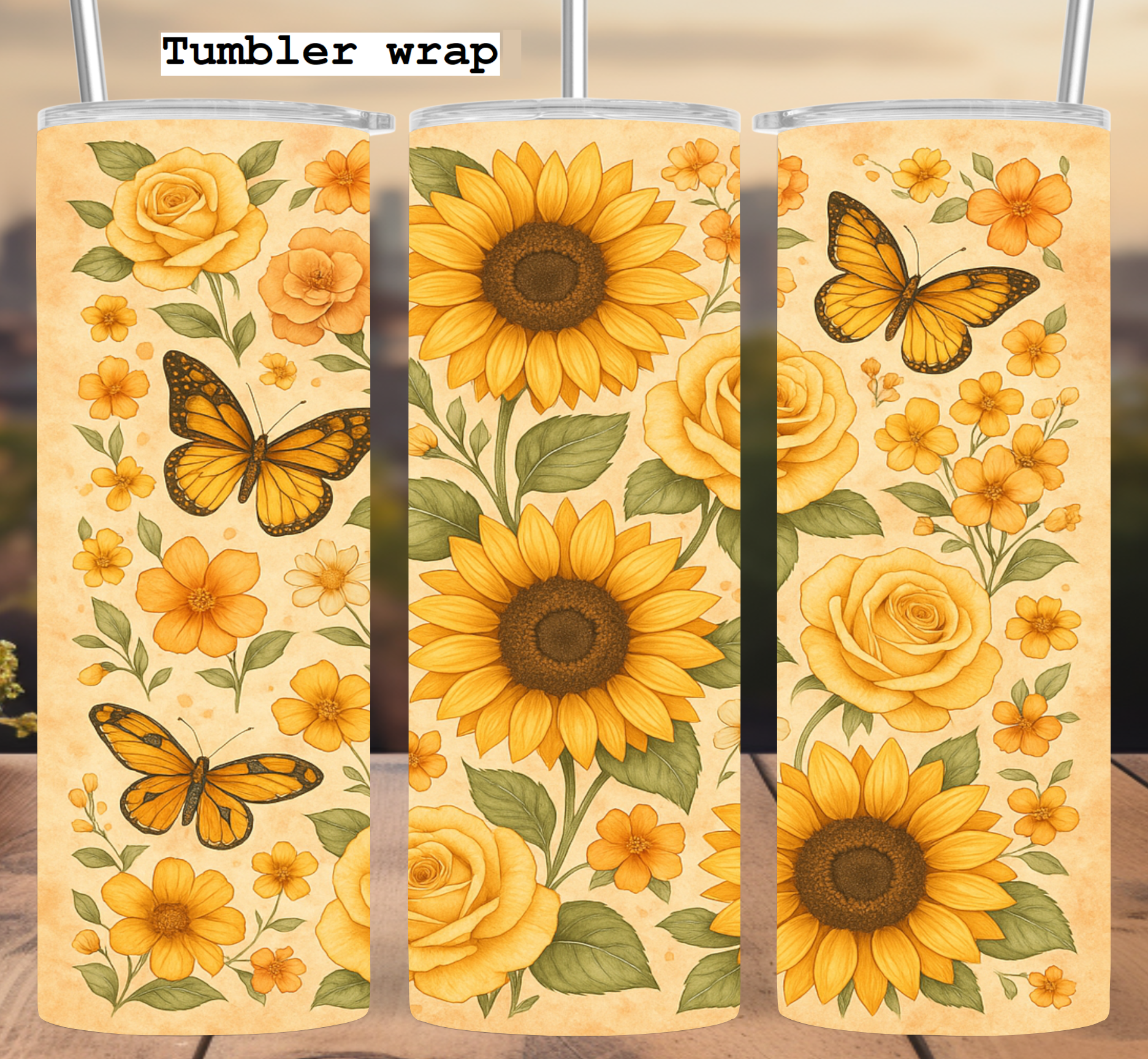 Sunflower Butterfly Floral: Vintage Golden Bloom Aesthetic tumbler wrap 20oz PNG